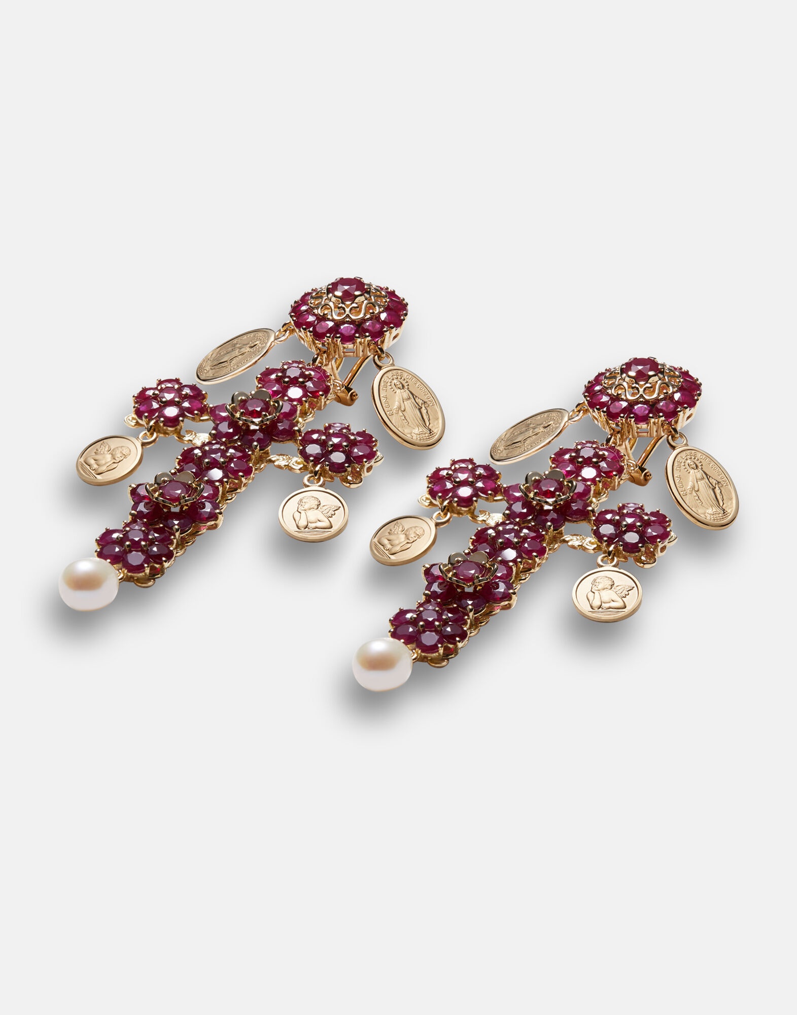 Family yellow gold cross pendant earrings with rubies - 2