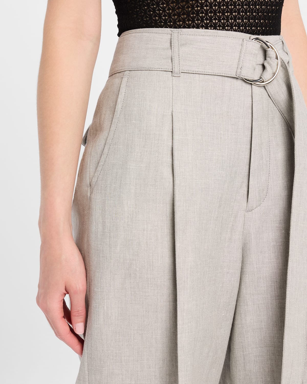 Chambray Belted Wide-Leg Cropped Pants - 5