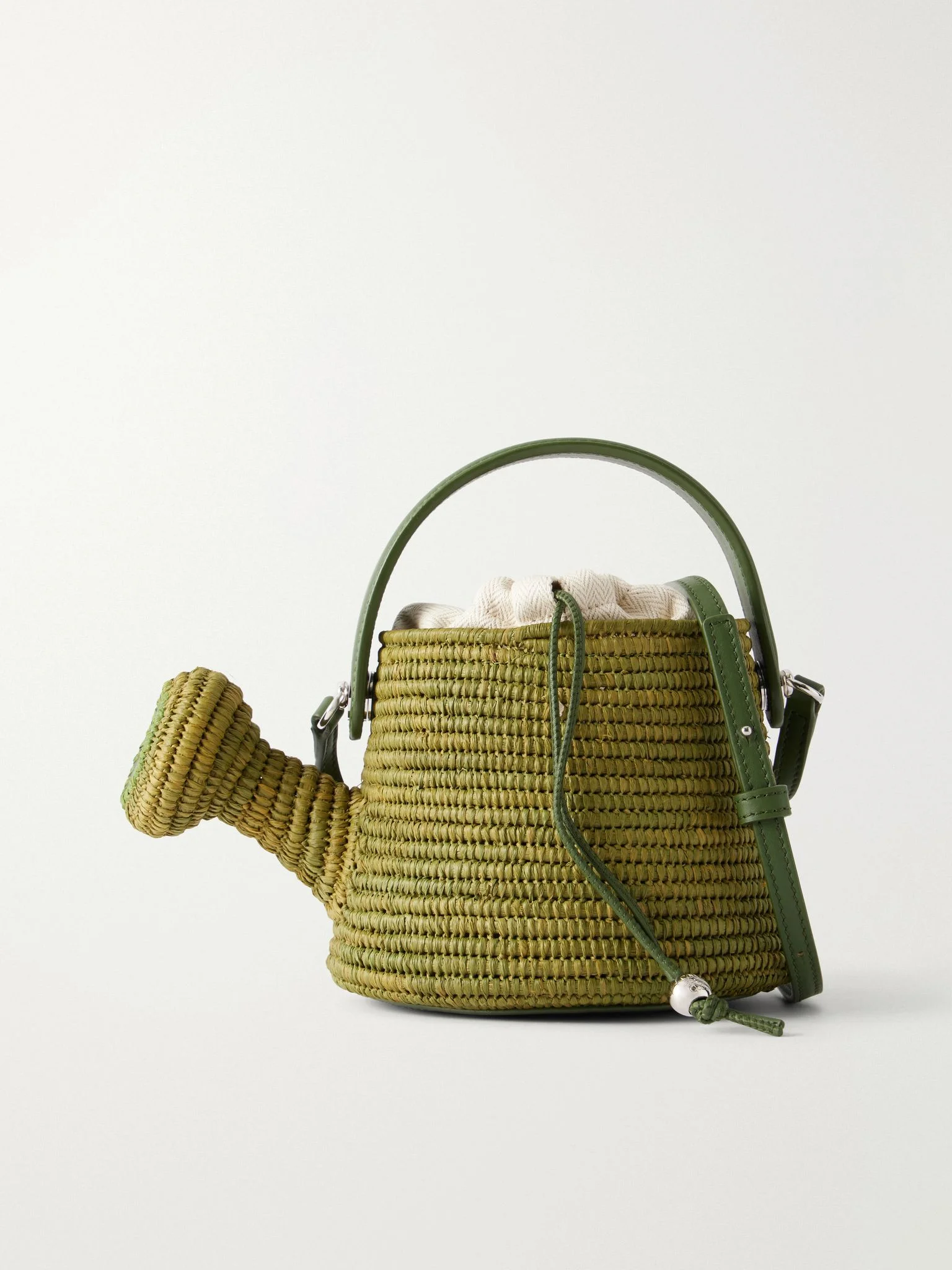 + Paula's Ibiza Watering Can Leather-Trimmed Raffia Messenger Bag Green - 1