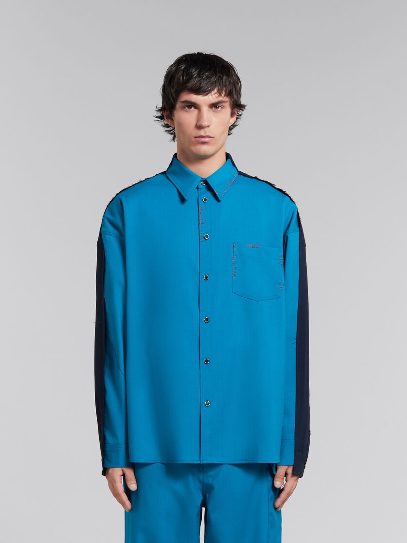 BLUE TROPICAL WOOL SHIRT WITH CONTRAST BACK - 2