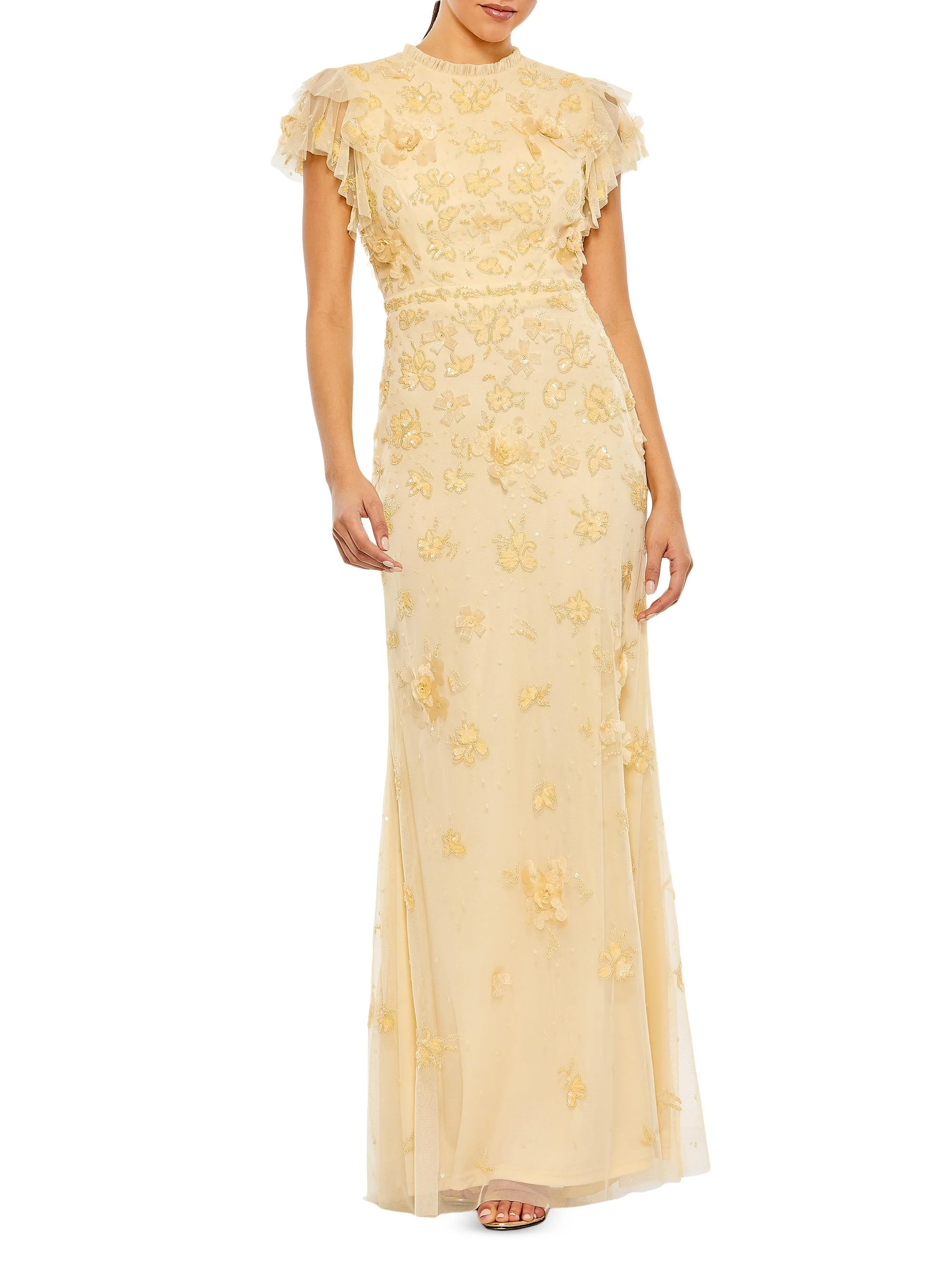 Women's High Neck Flutter-Sleeve Floral Embellished Gown - Butter - 1