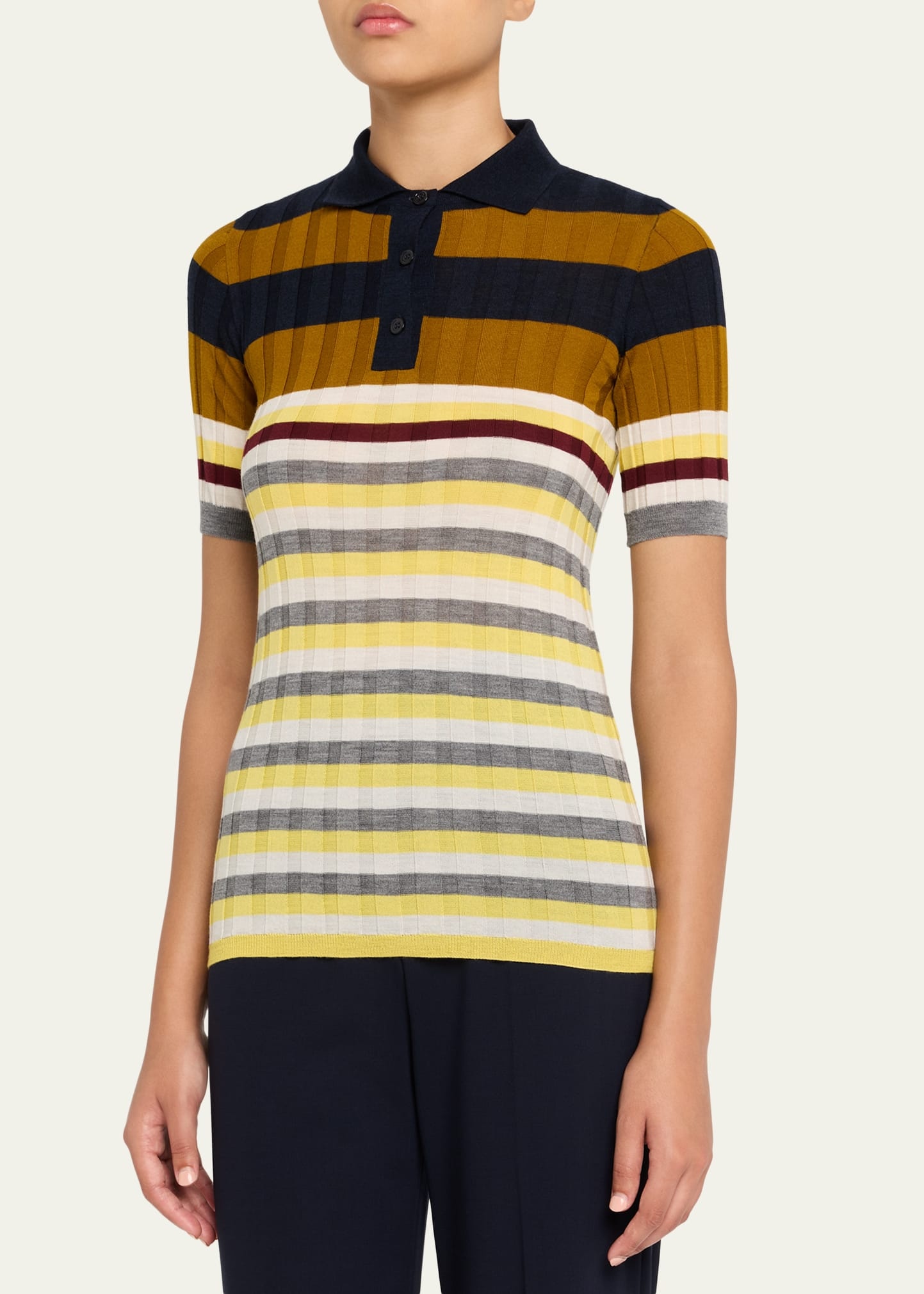 Striped Short-Sleeve Wide Rib Polo Sweater - 4
