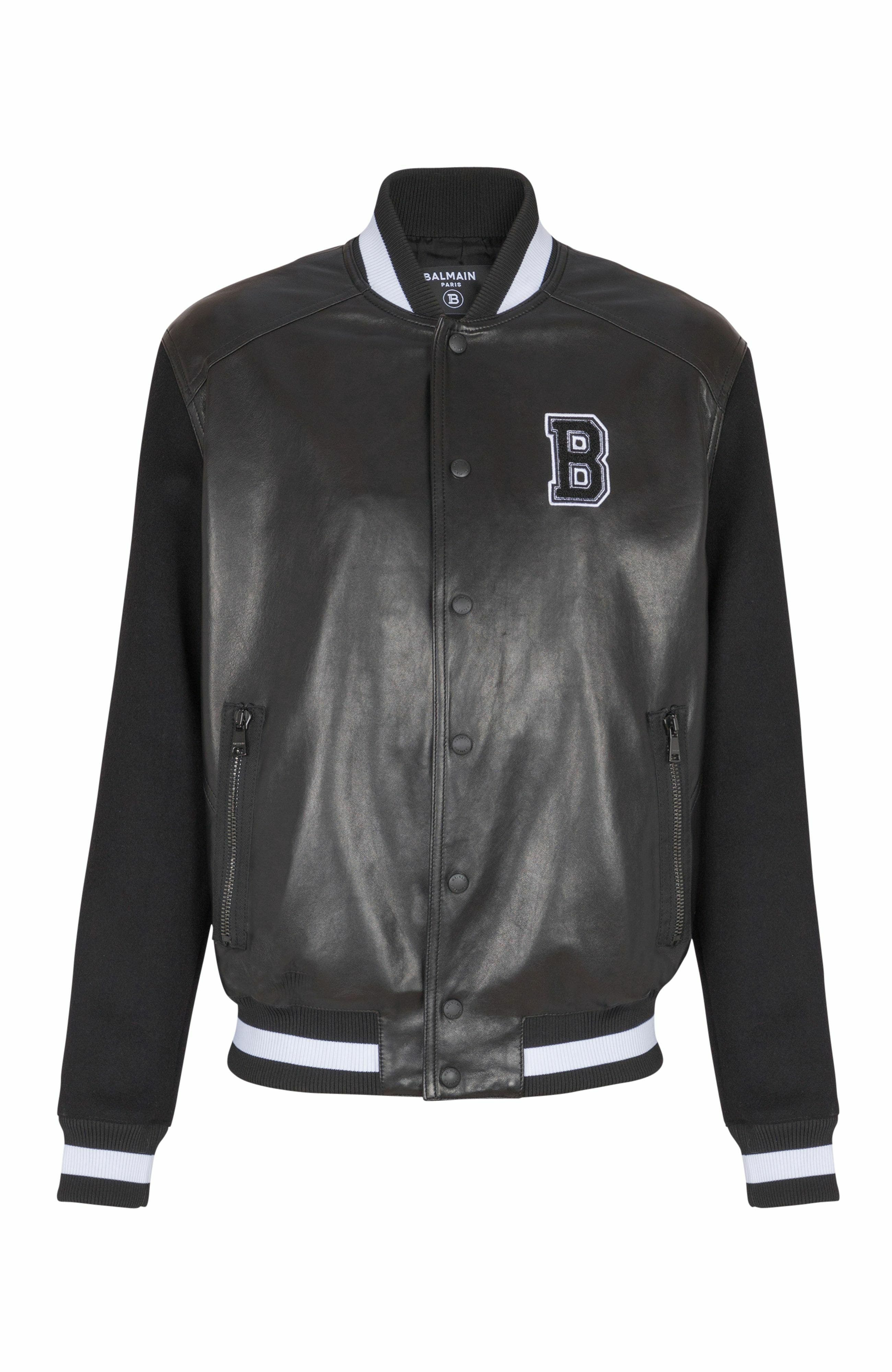 Balmain Varsity lambskin leather and wool jacket in Black at Nordstrom - 1