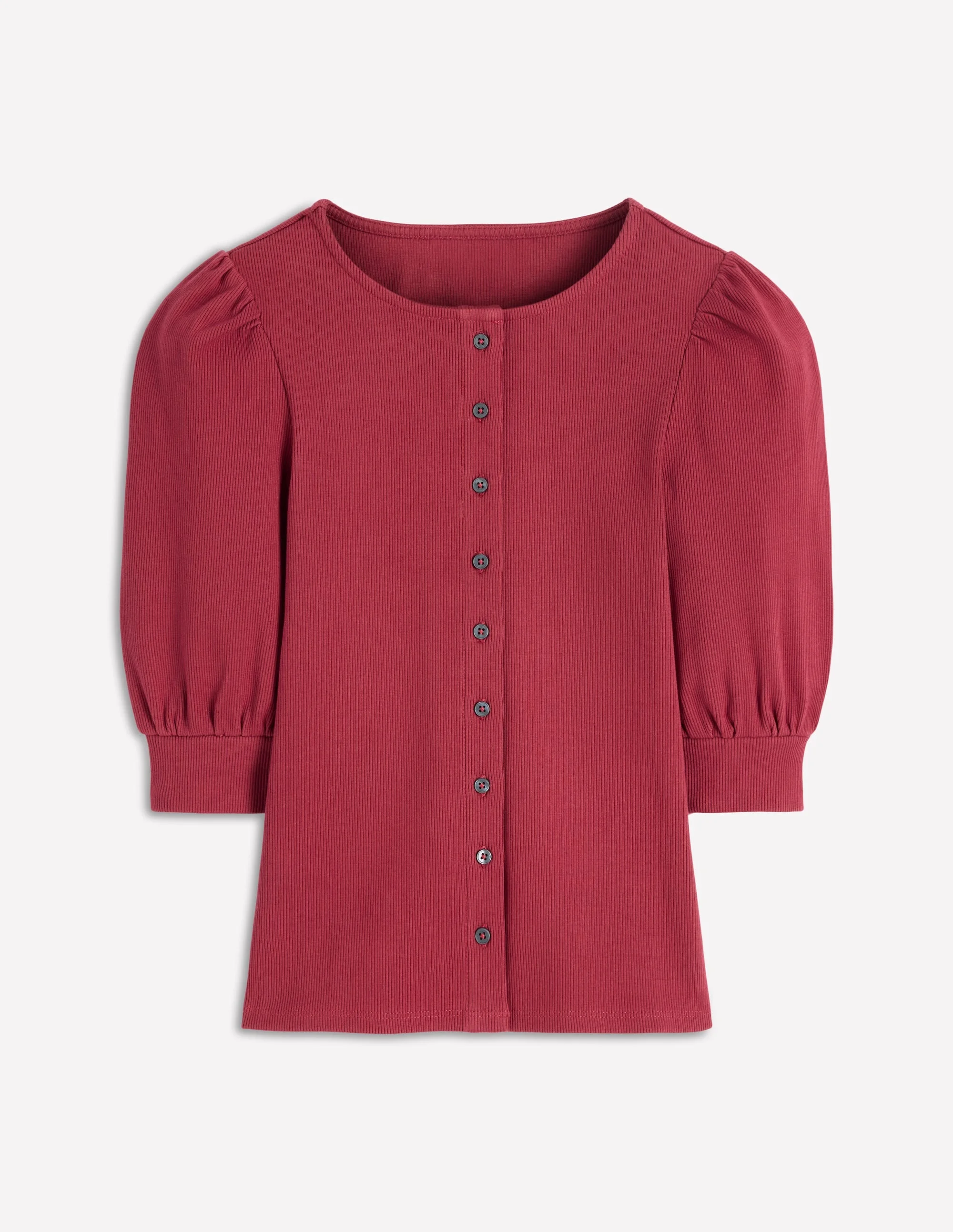 Evie Ribbed Puff Sleeve Top-Terracotta Red - 1