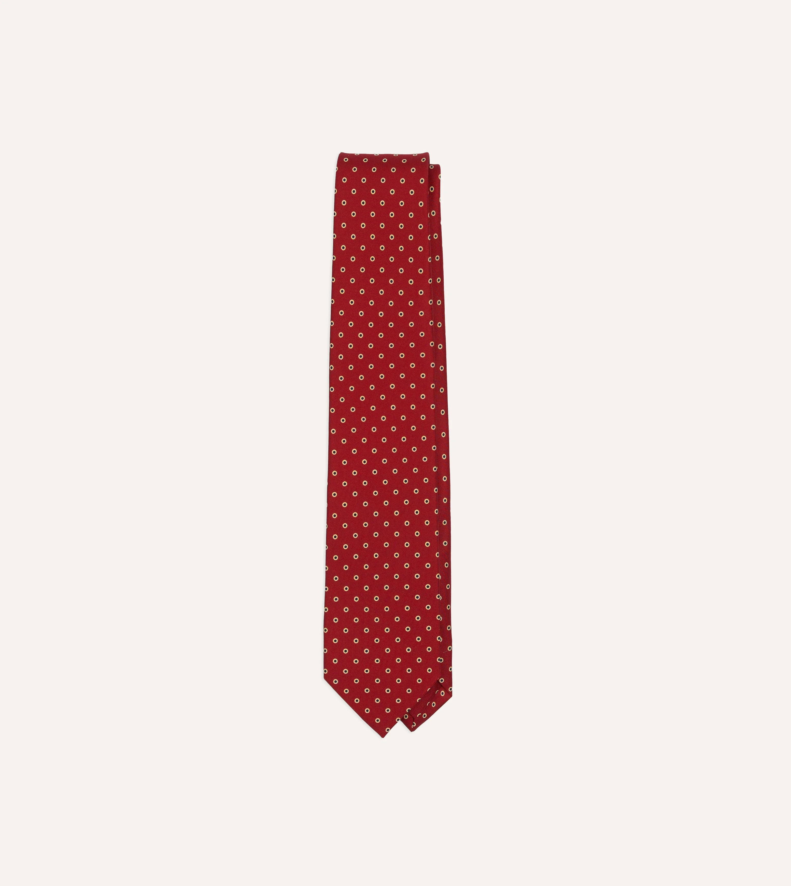 Red Dotted Circle Print Silk Self-Tipped Tie - 1
