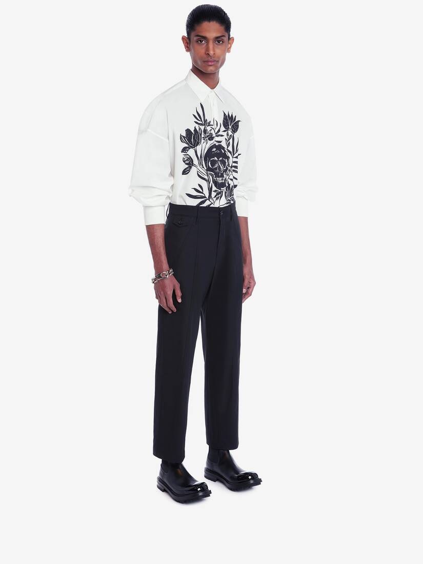 Skull Leaf Print Dropped Shoulder Poplin Shirt in White/black - 3