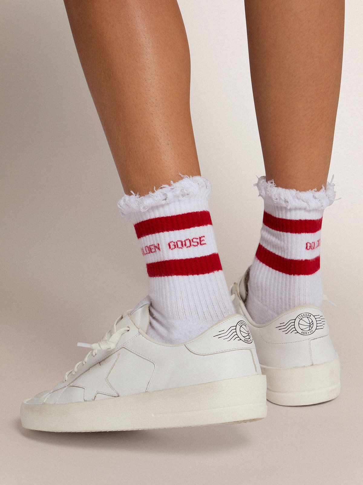 Cotton socks with distressed finishes, red stripes and logo - 3