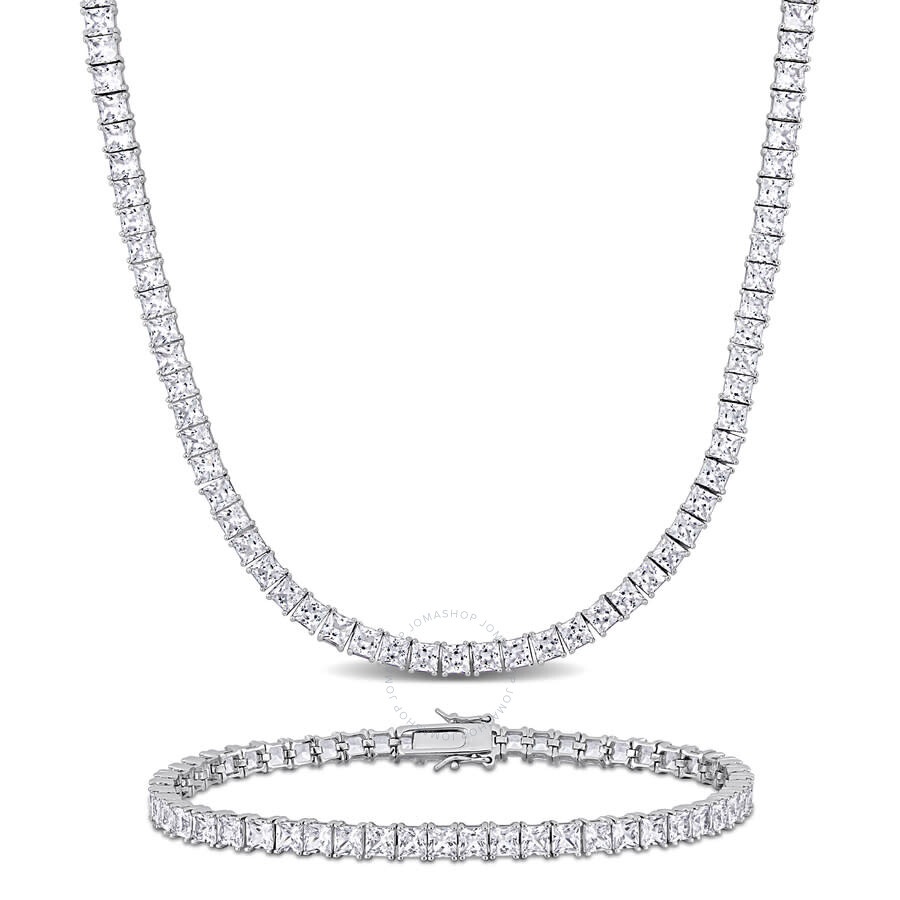 Amour - Amour Men's 2-Piece Set 63ct TGW Created White Sapphire Tennis Necklace and Bracelet in Sterling Sil - 1