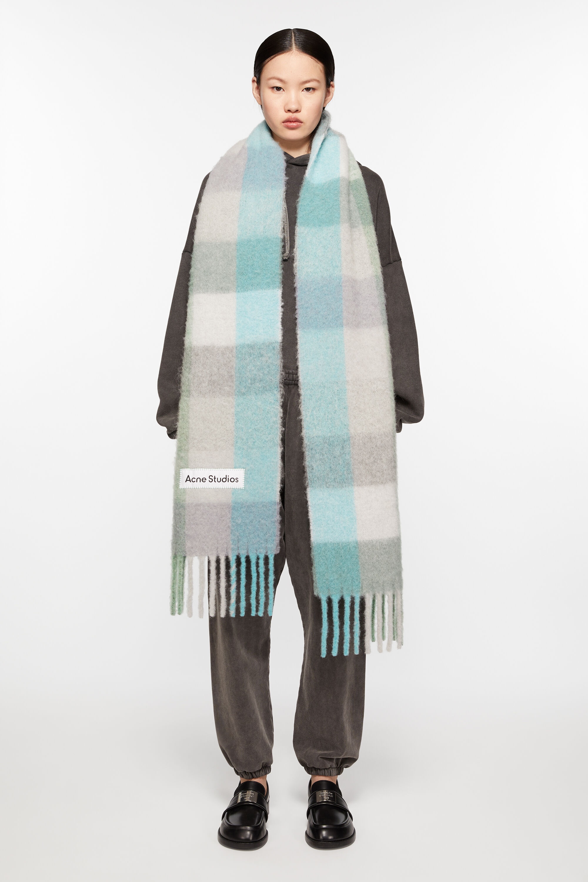 Mohair checked scarf - Turquoise/Grey/Mint Green - 2