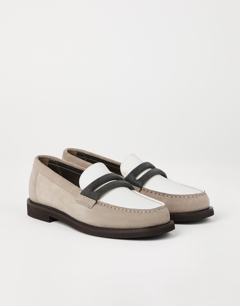 Suede penny loafers with precious clamp 1