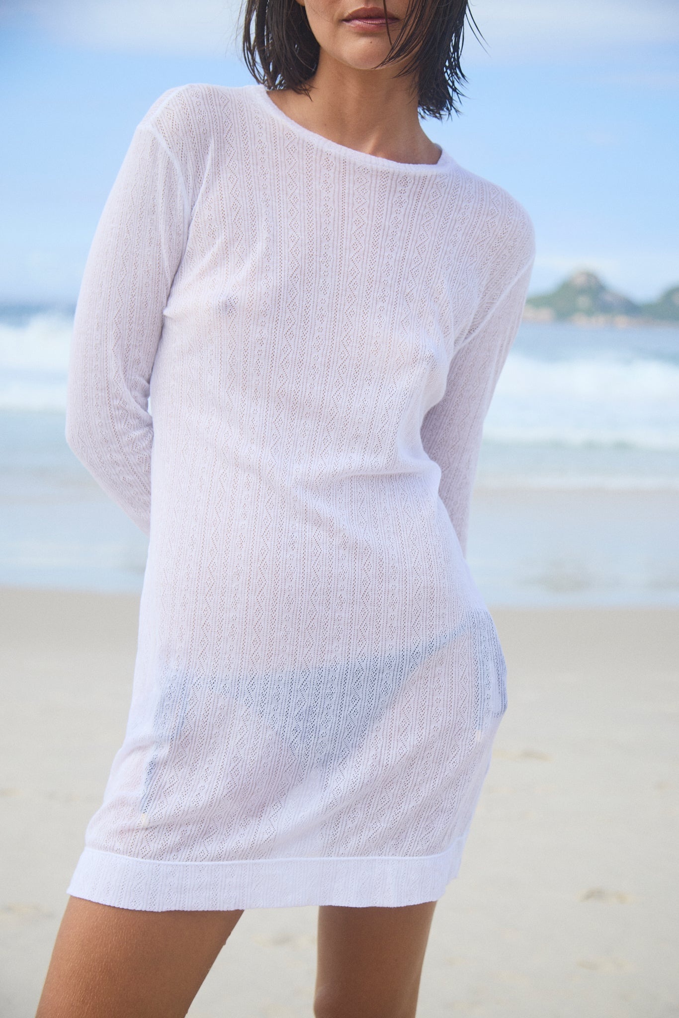 WHITE POINTELLE LONG SLEEVE MINI DRESS - 6