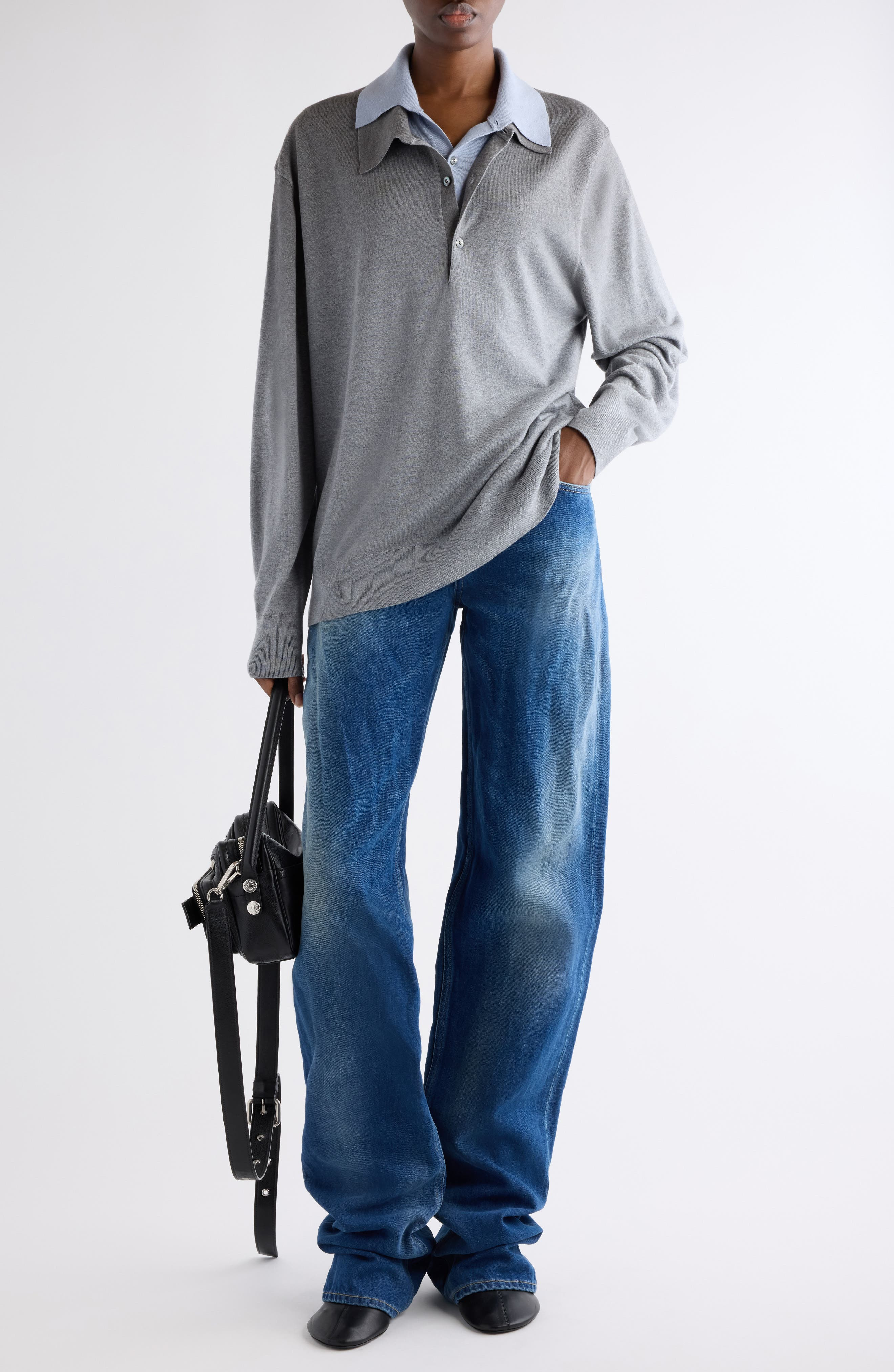 Acne Studios Koyat Layered Silk, Wool & Cashmere Polo Sweater in Sky Blue/Light Grey Melange at Nord - 2