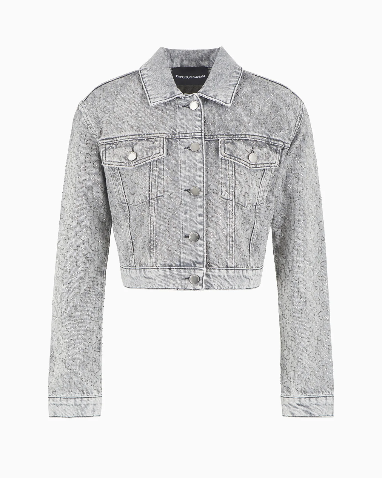 Cropped 12.5 oz denim jacket with all-over rhinestone logo - 1