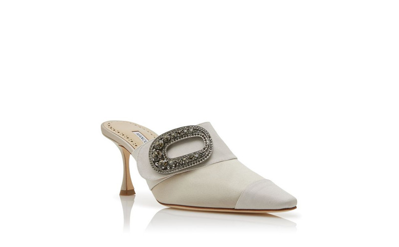 Light Beige Satin Jewel Embellished Buckle Mules 3