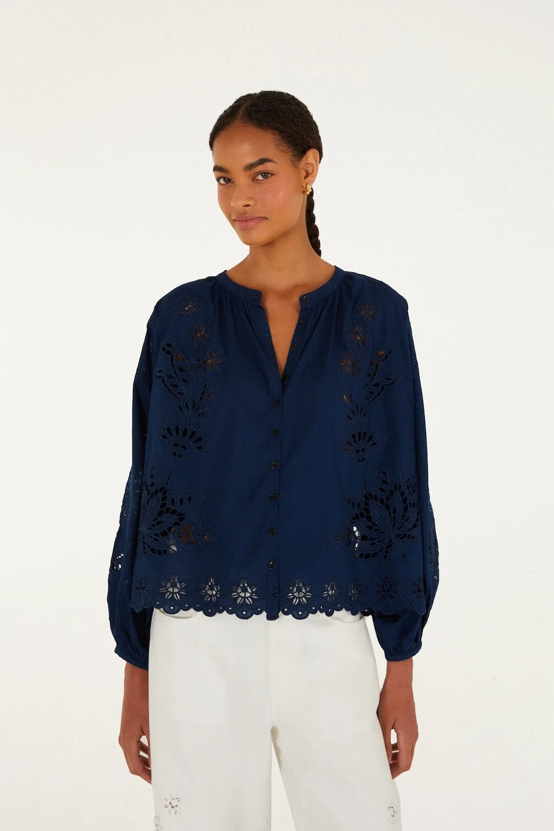 Navy Blue Artisanal Long Sleeve Blouse - 1