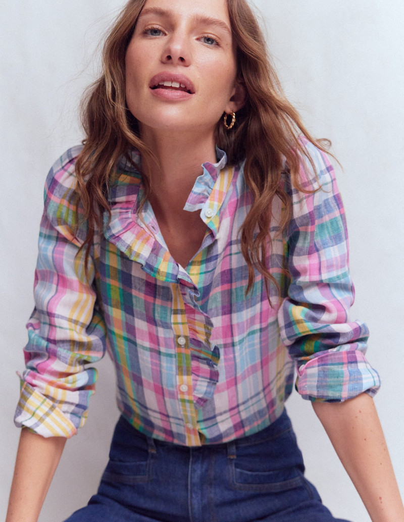 Isabel Ruffle Linen Shirt-Multi Check 5
