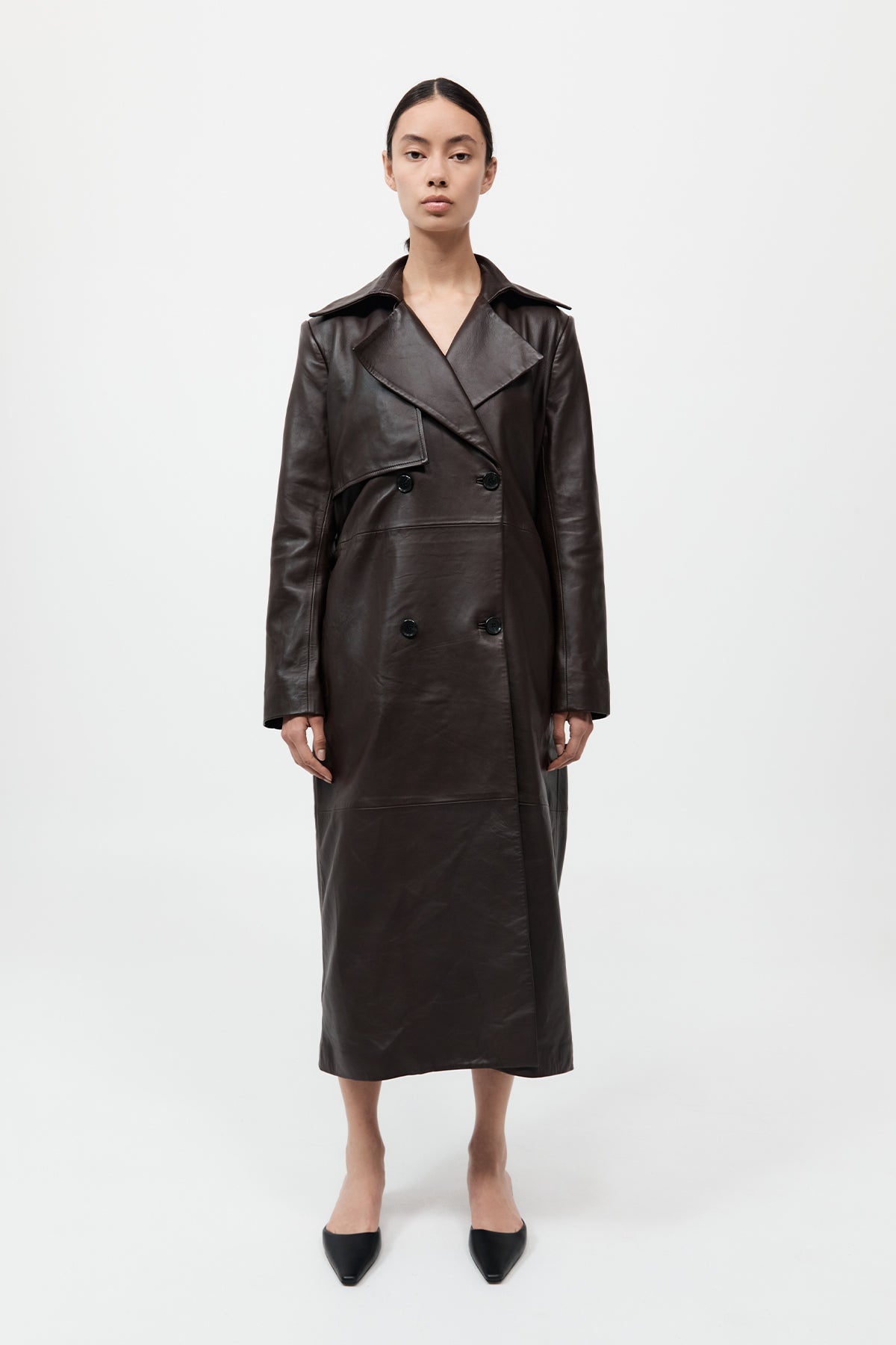 Leather Trench Coat - Chocolate - 1