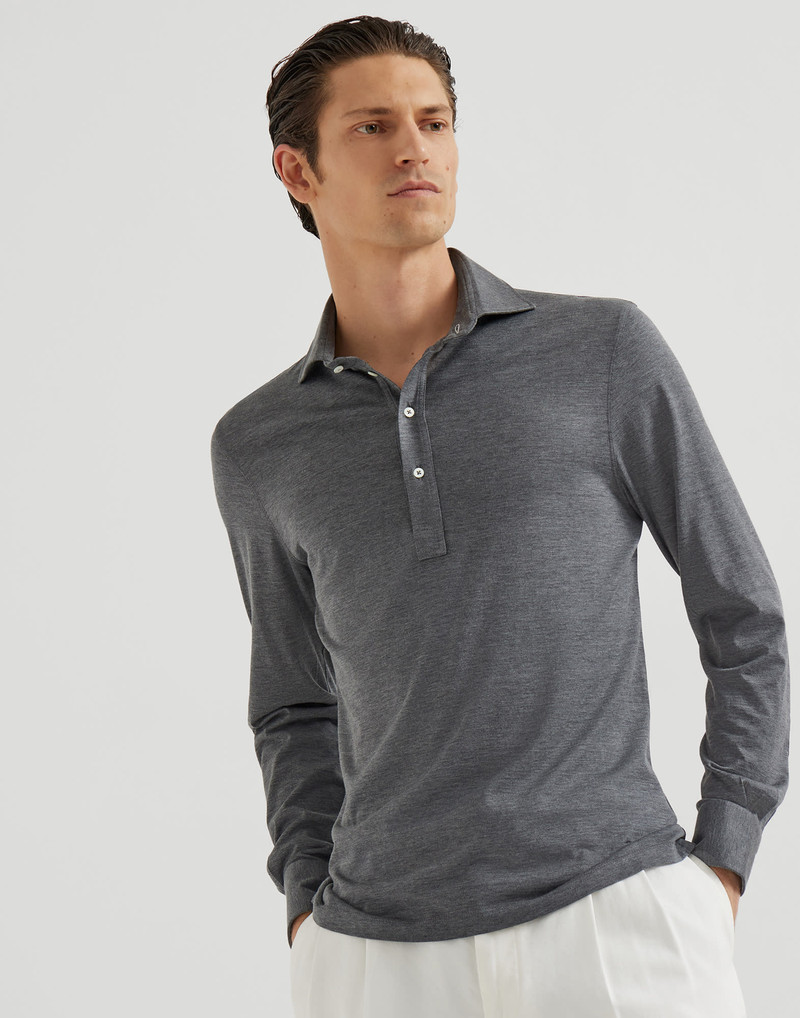 Silk and cotton lightweight jersey long sleeve polo with shirt-style collar 1
