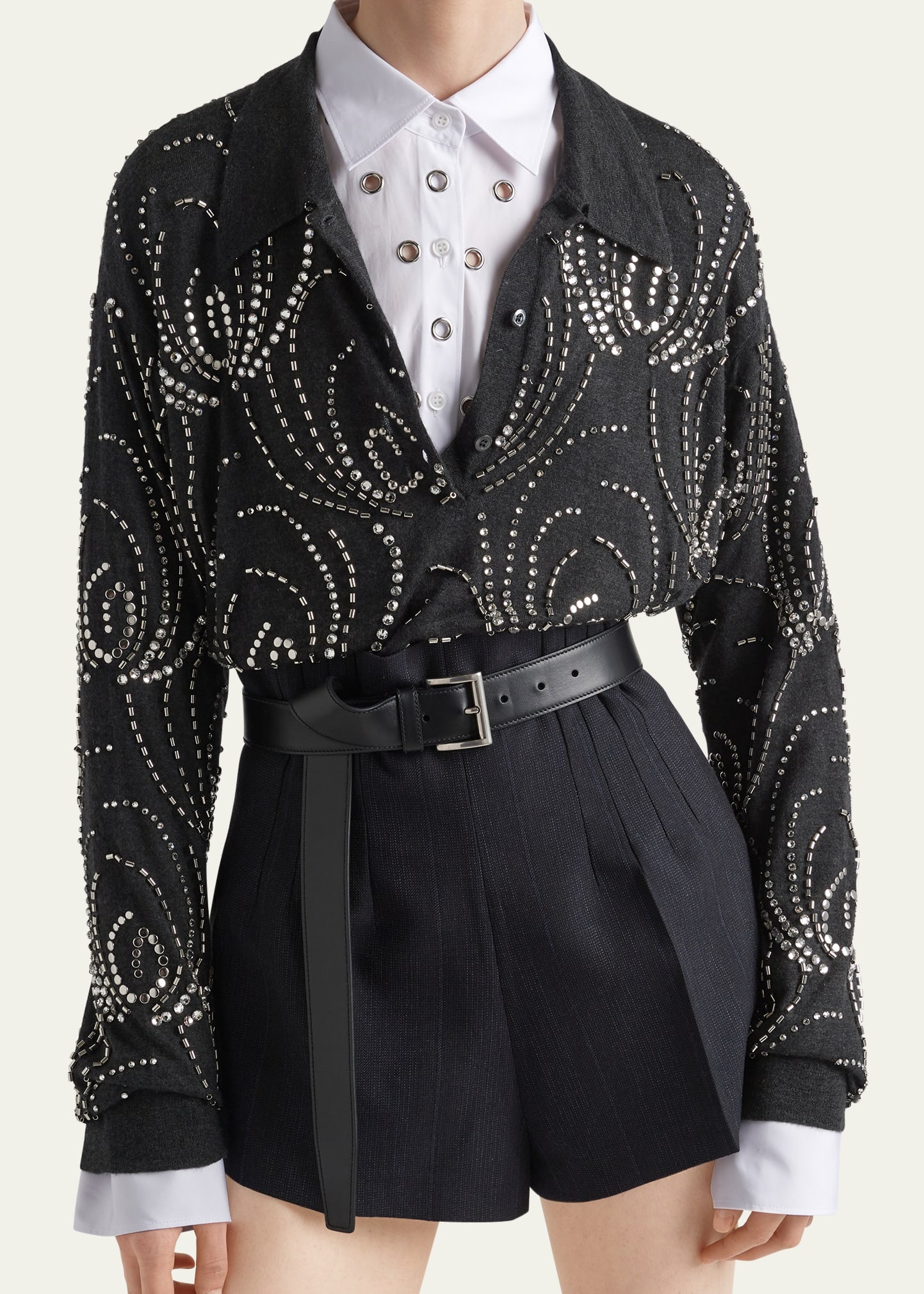 Beaded Crystal Oversized Polo Cashmere Shirt, Gray - 4