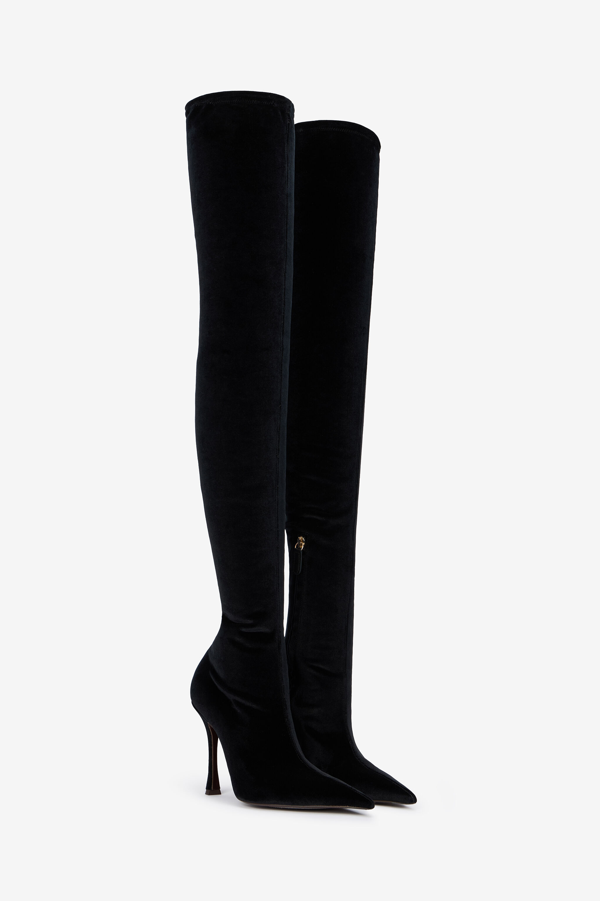 Black Satin Pointed-Toe Thigh High Boots - 2