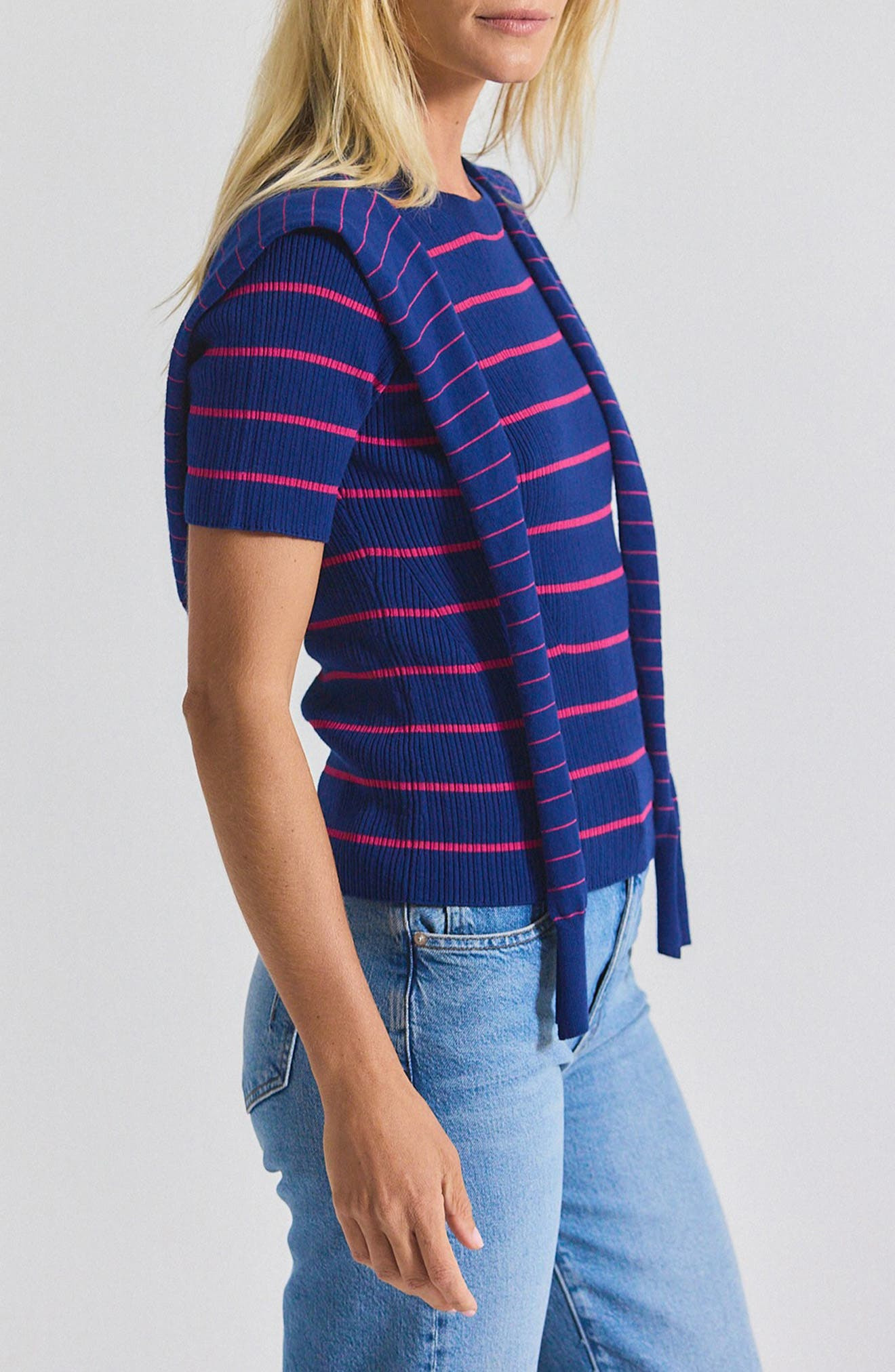 Derek Lam 10 Crosby Twain Stripe Short Sleeve Sweater With Detachable Shrug in Navy/Raspberry at Nor - 3