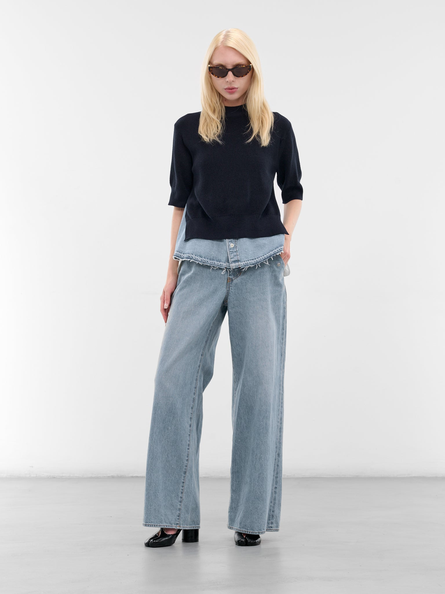 Nylon-Denim Paneled Wide Jeans - 6