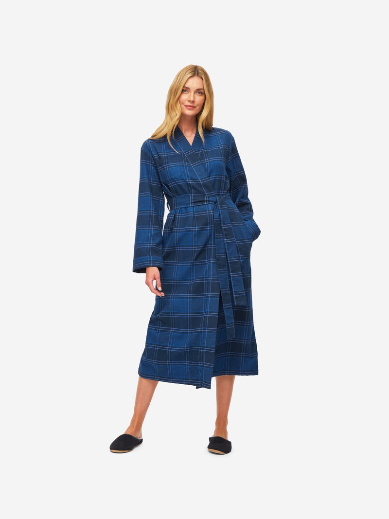 Women's Long Dressing Gown Kelburn 27 Brushed Cotton Navy - 3