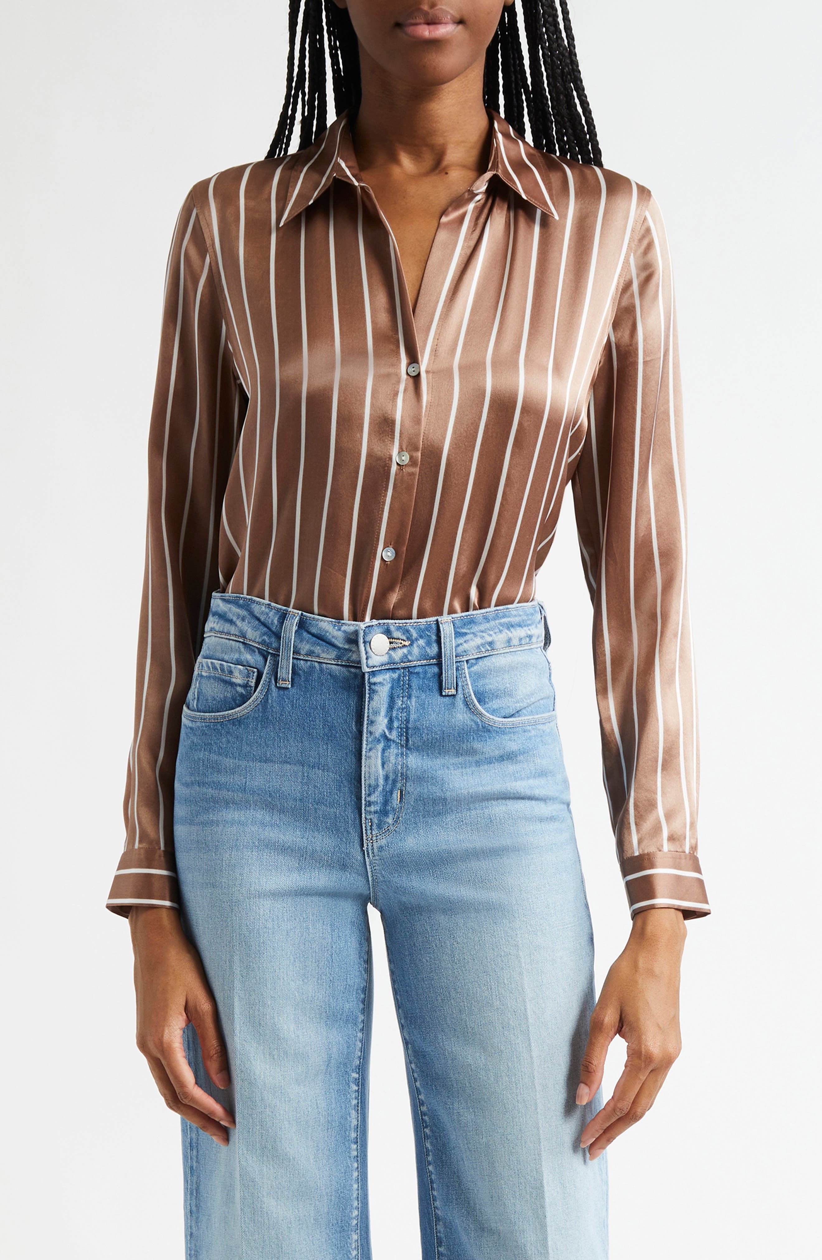 L'AGENCE Tyler Stripe Silk Button-Up Shirt in Chocolate Malt/Ecru Stripe at Nordstrom - 1