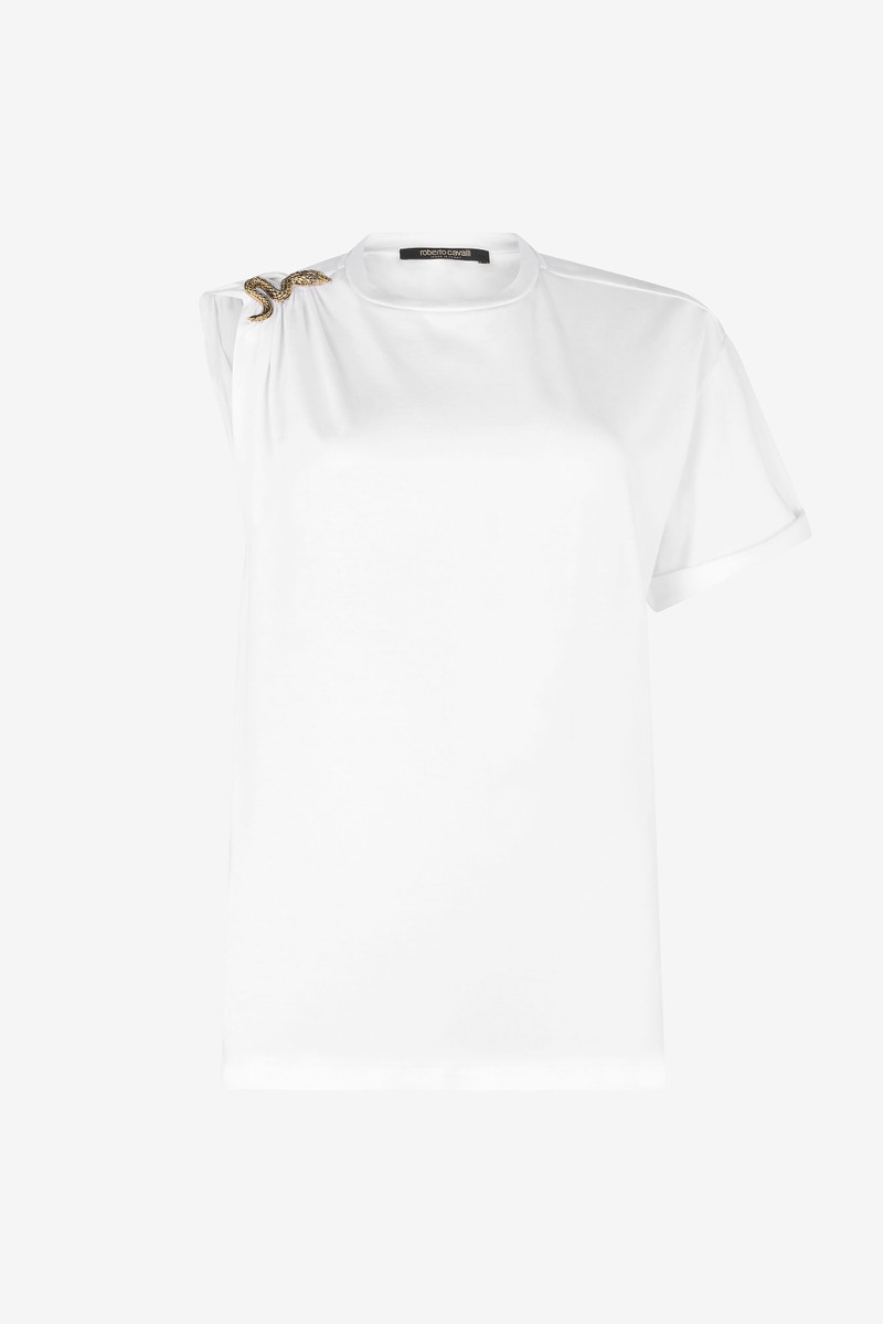 White Asymmetric T-shirt with Snake Motif 1