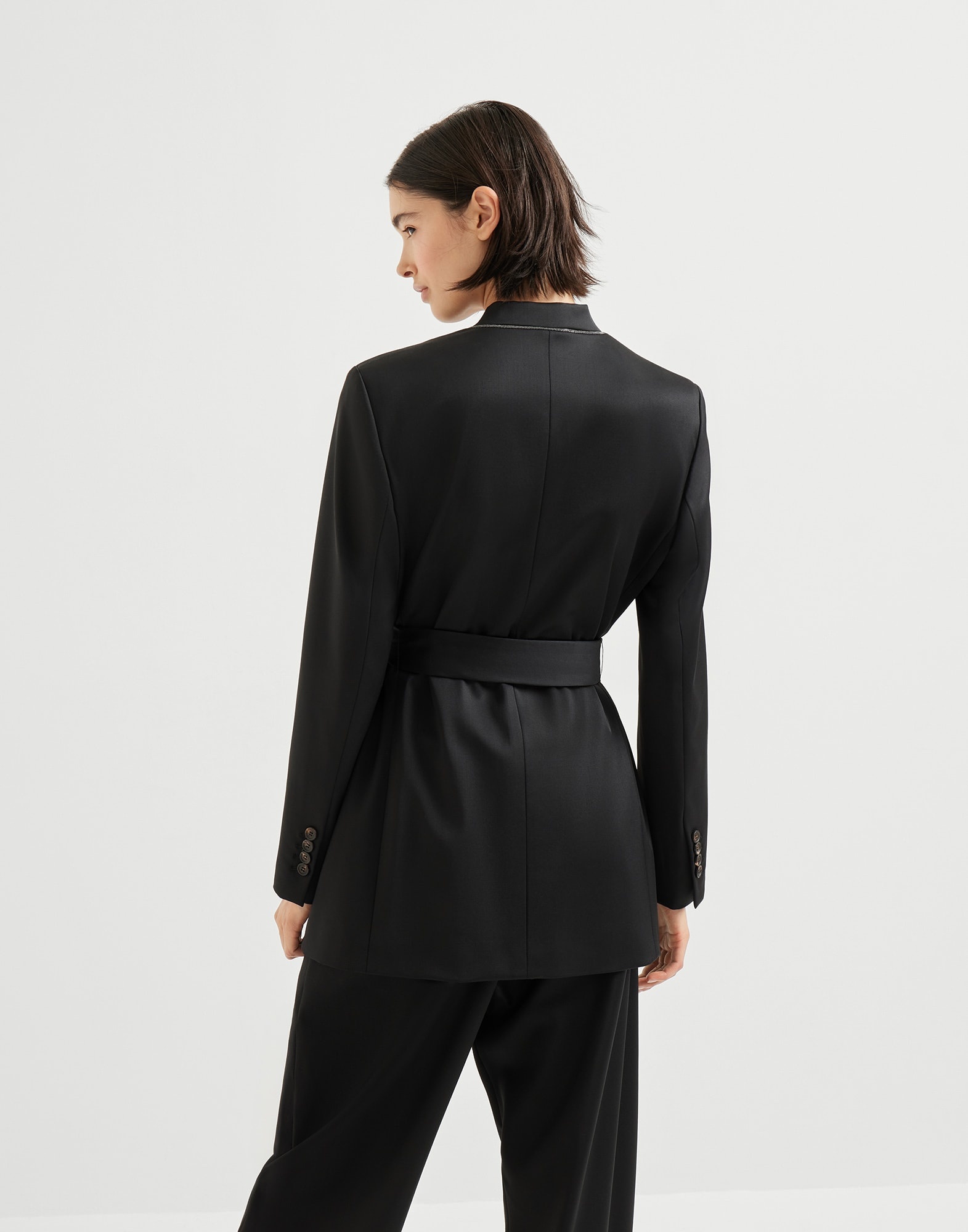 Virgin wool stretch satin belted blazer with monili - 2