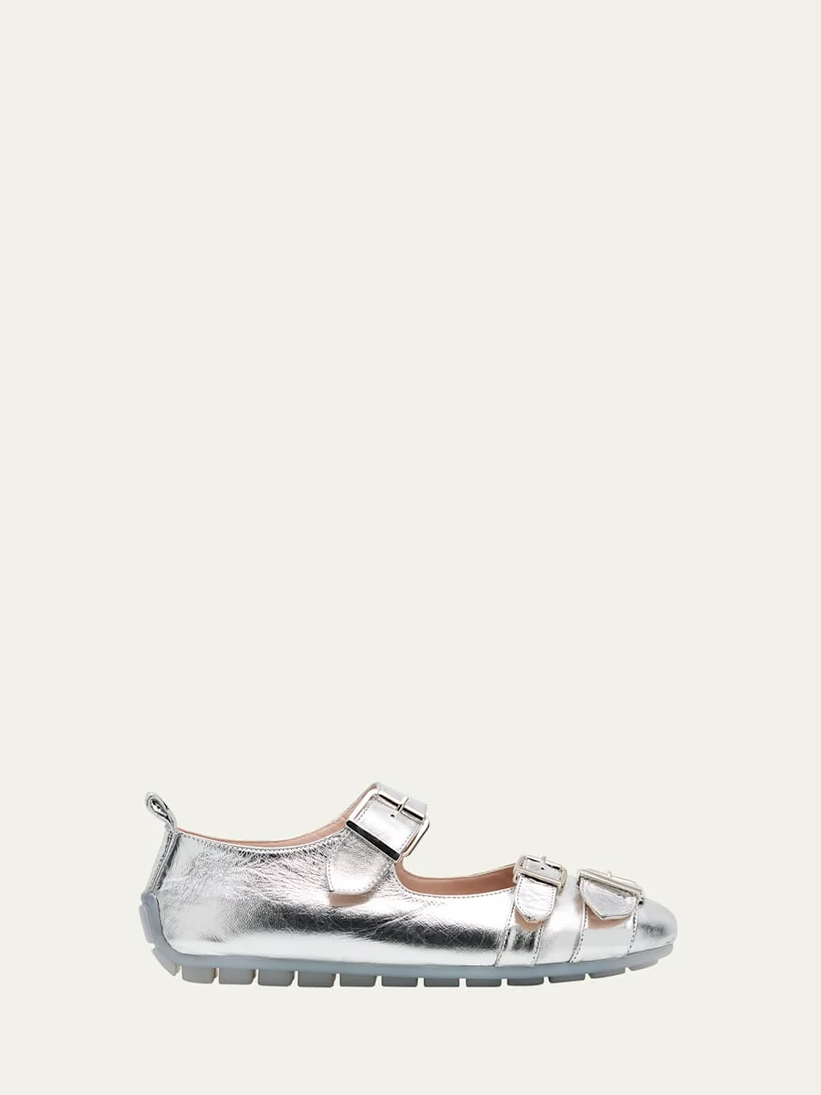 Metallic Leather Ballerina Buckle Flats - 1