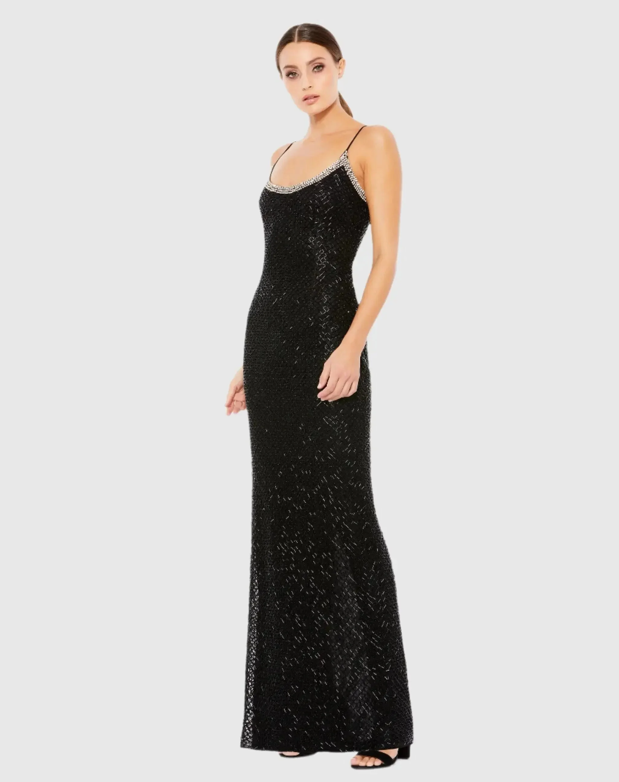 Black Beaded Spaghetti Strap Column Gown - 1