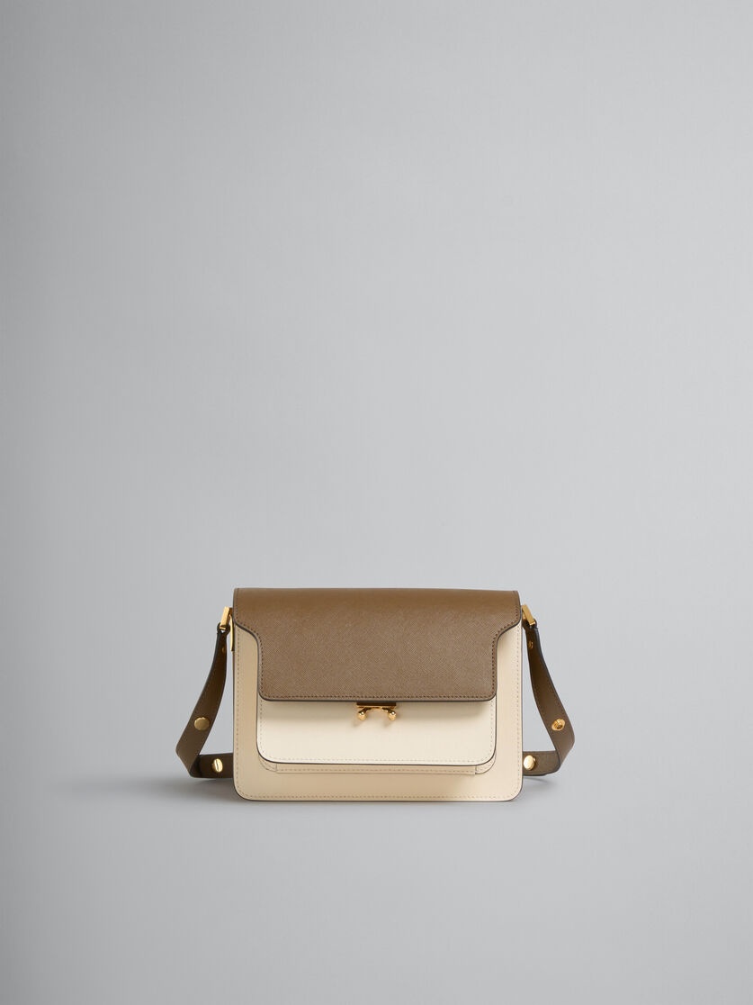 BROWN WHITE AND ORANGE SAFFIANO LEATHER TRUNK BAG - 1