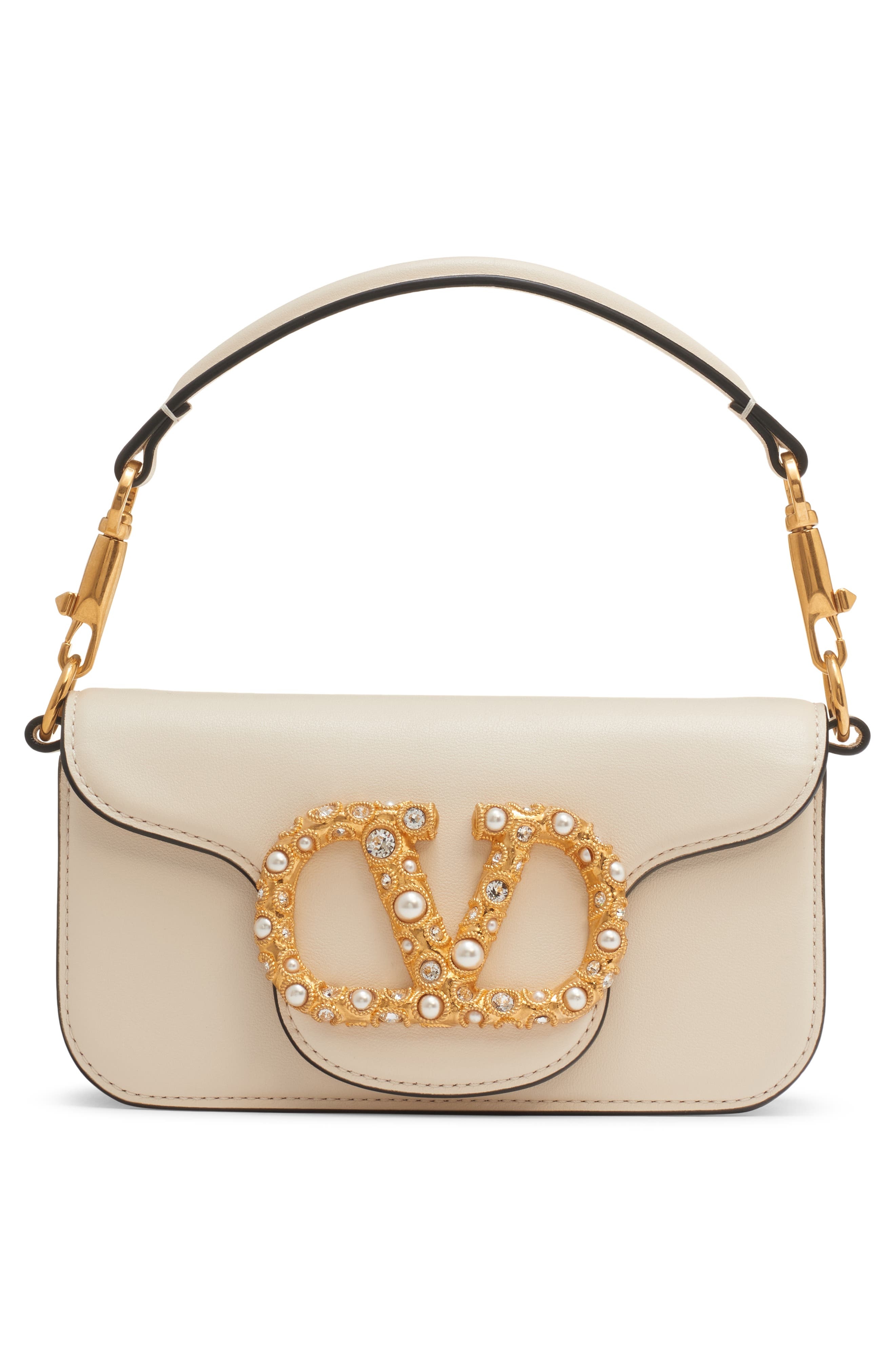 Valentino Garavani Small Locò Leather Shoulder Bag in Light Ivory/Cream Crystal at Nordstrom - 4