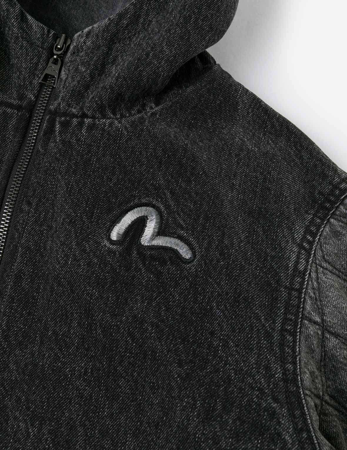 Seagull Embroidery Fashion Fit Hooded Padded Denim Jacket - 7