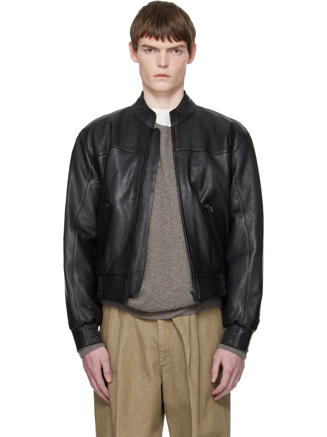 Black Leather Polo Biker Jacket - 1