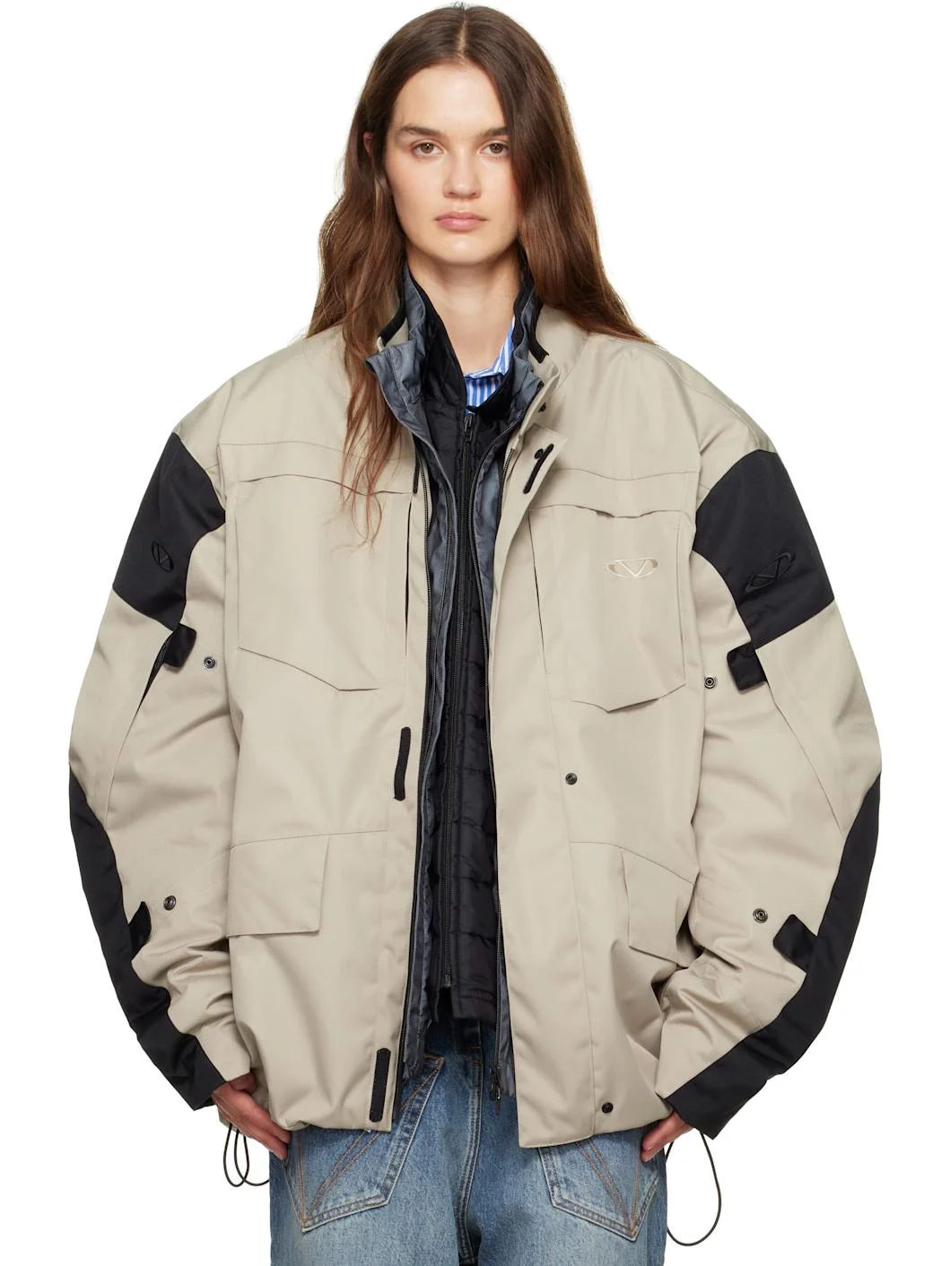 Beige & Black Biker Parka Coat & Jackets Set - 1