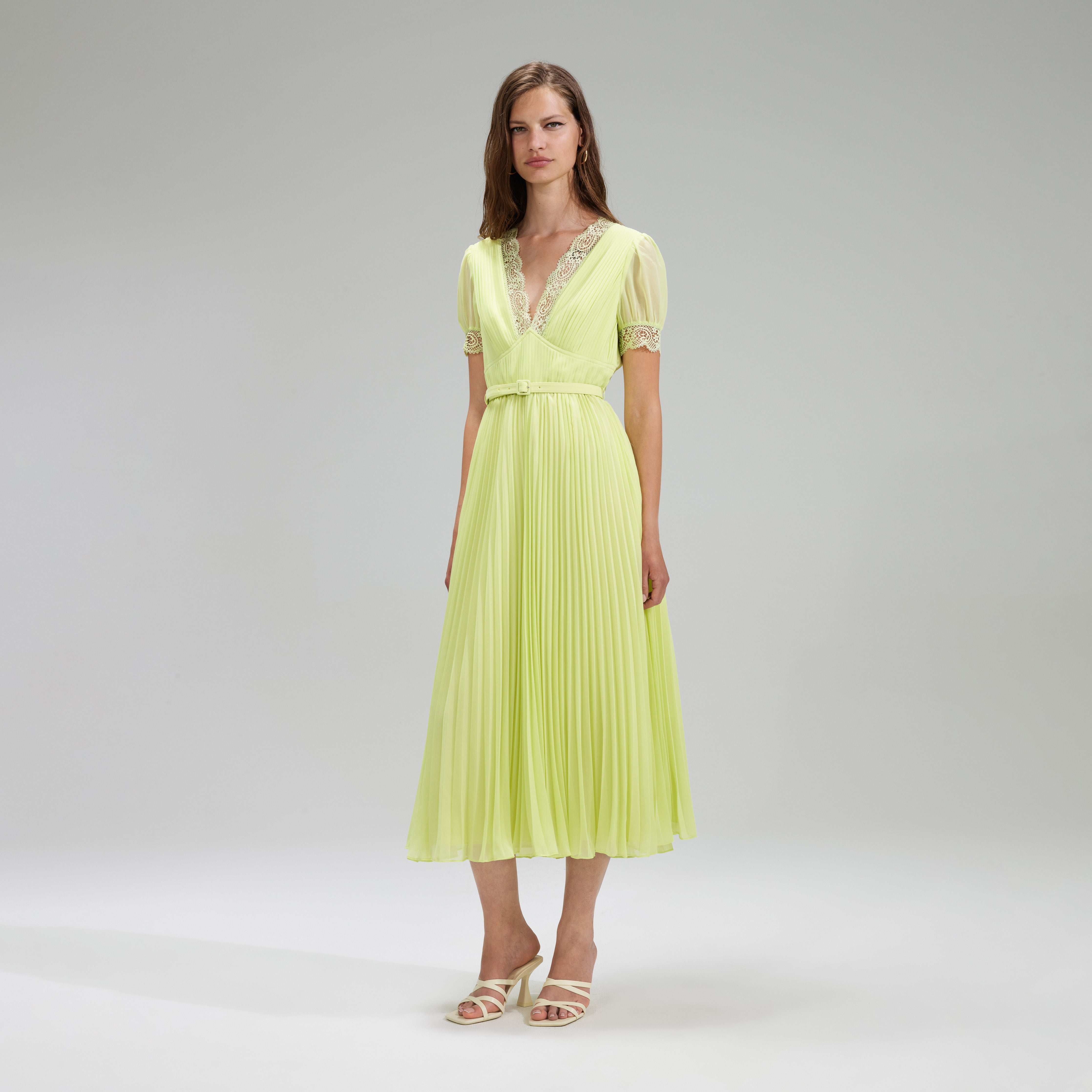 Lime Chiffon Midi Dress Lace Detail - 2