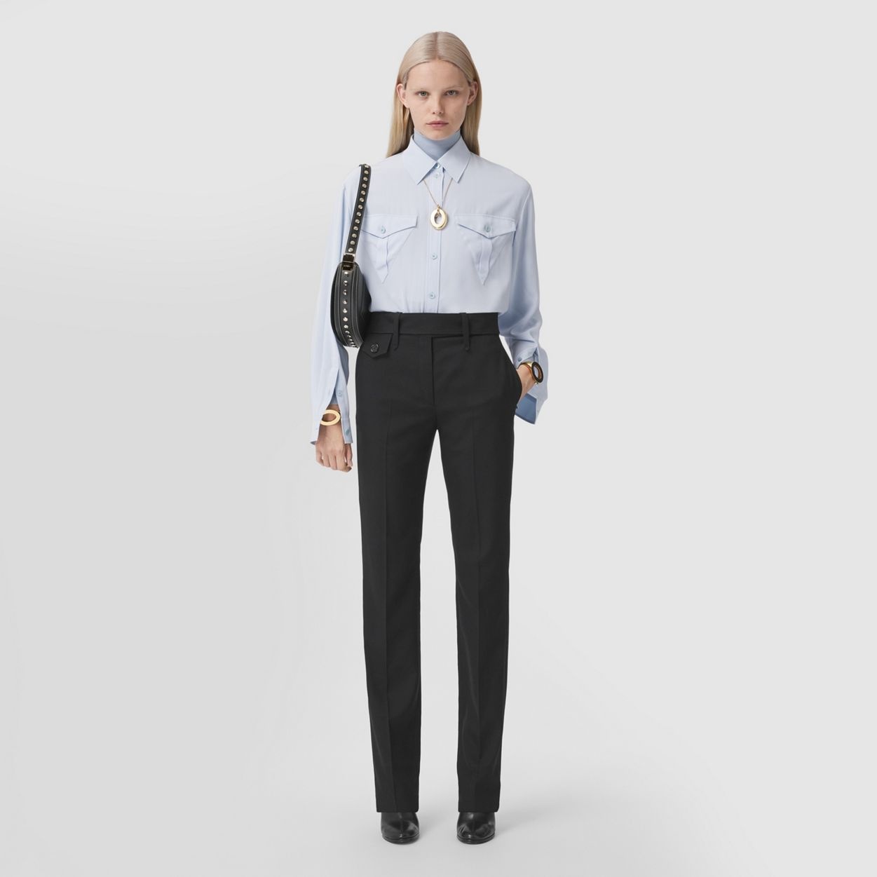 Logo Detail Silk Crepe de Chine Oversized Shirt - 7