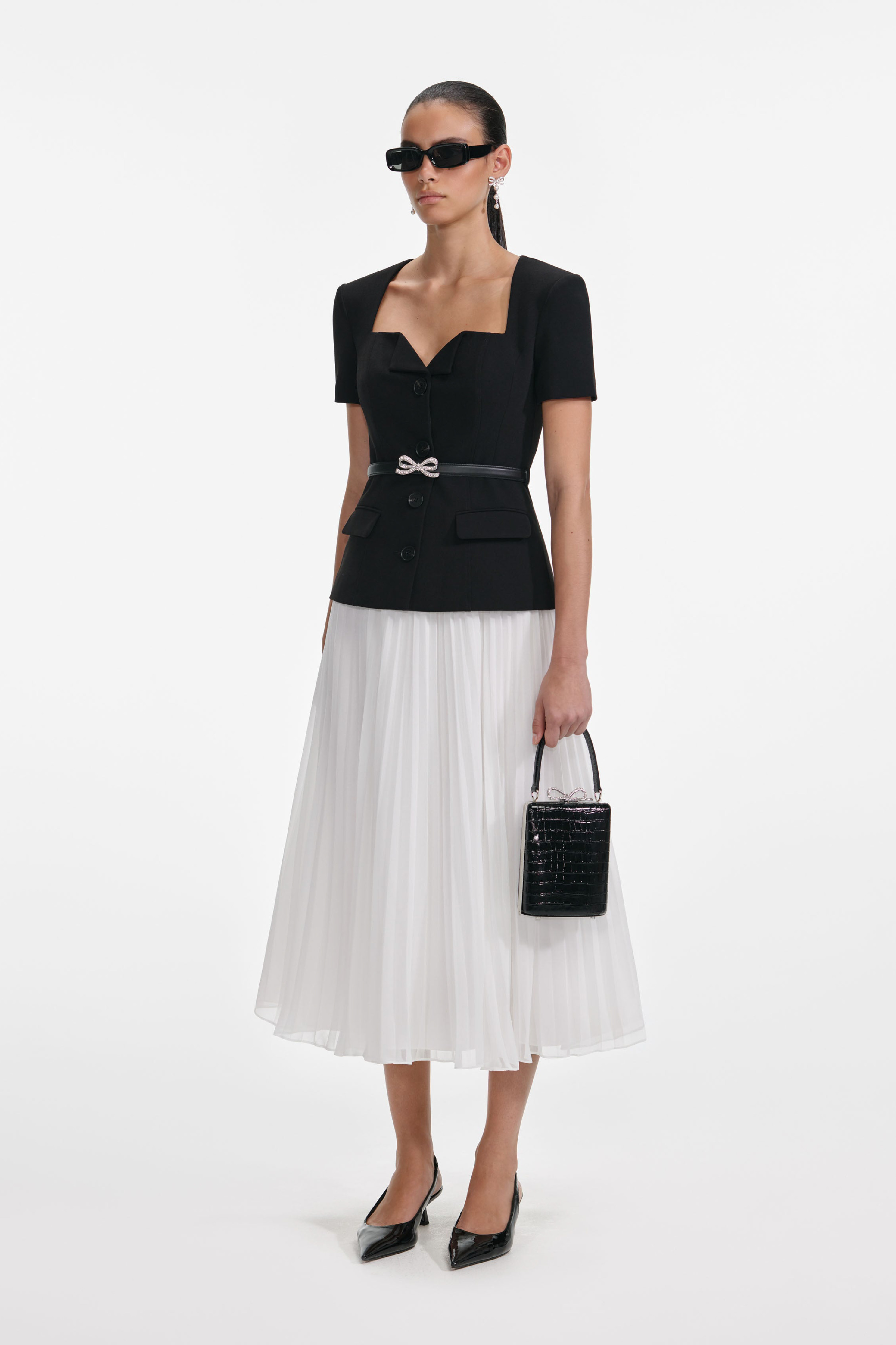BLACK TAILORED CONTRAST CHIFFON MIDI DRESS - 2