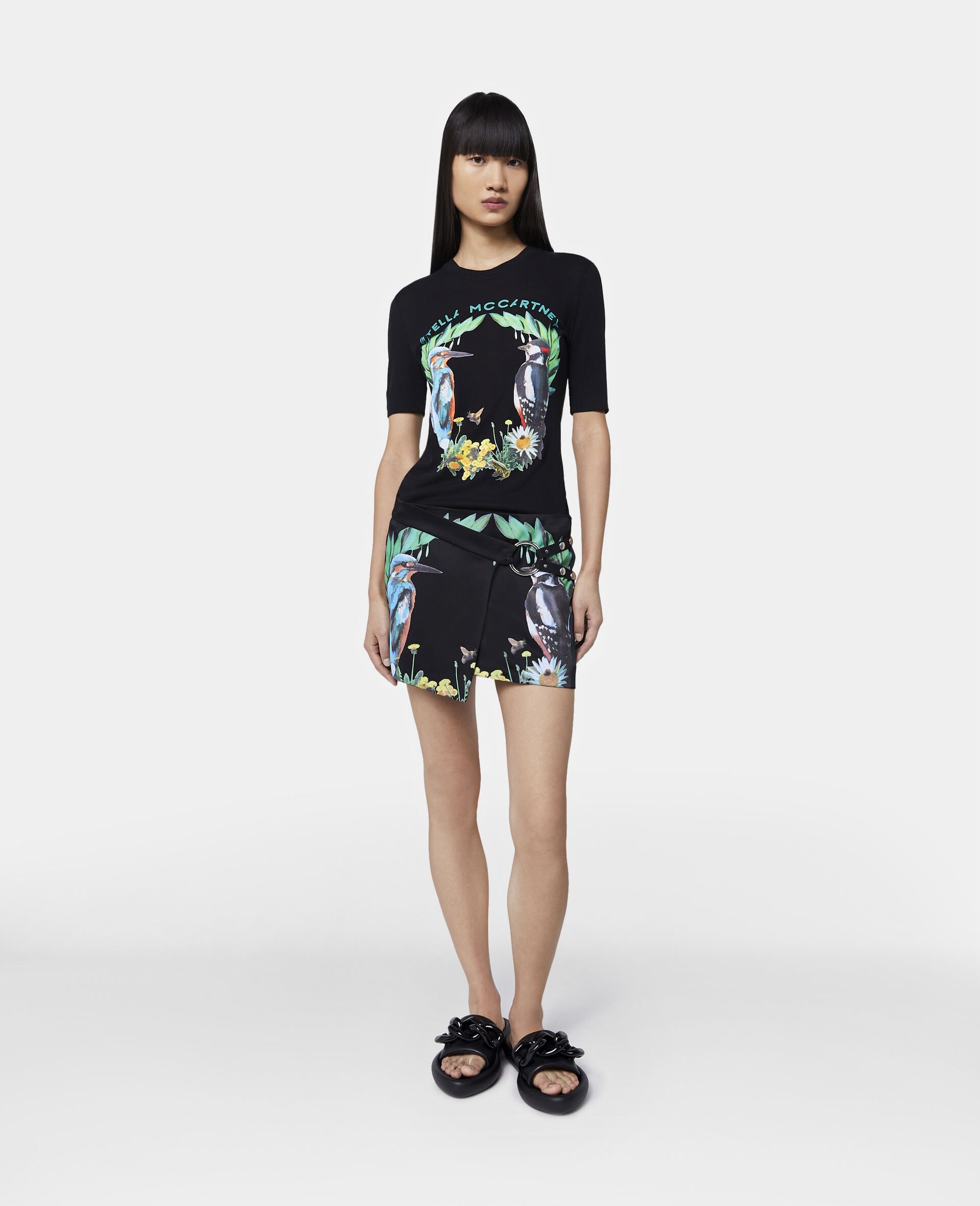 Bird Crest Print Satin Wrap Mini Skirt - 2
