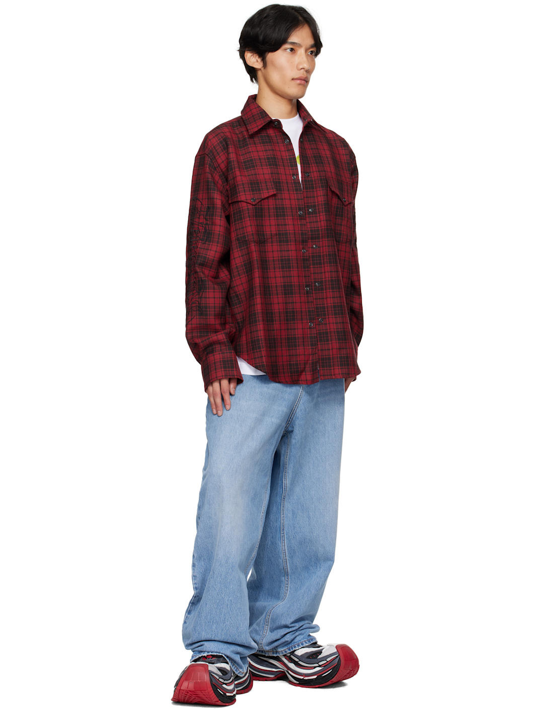 Red & Black Plaid Embroidered Shirt - 4