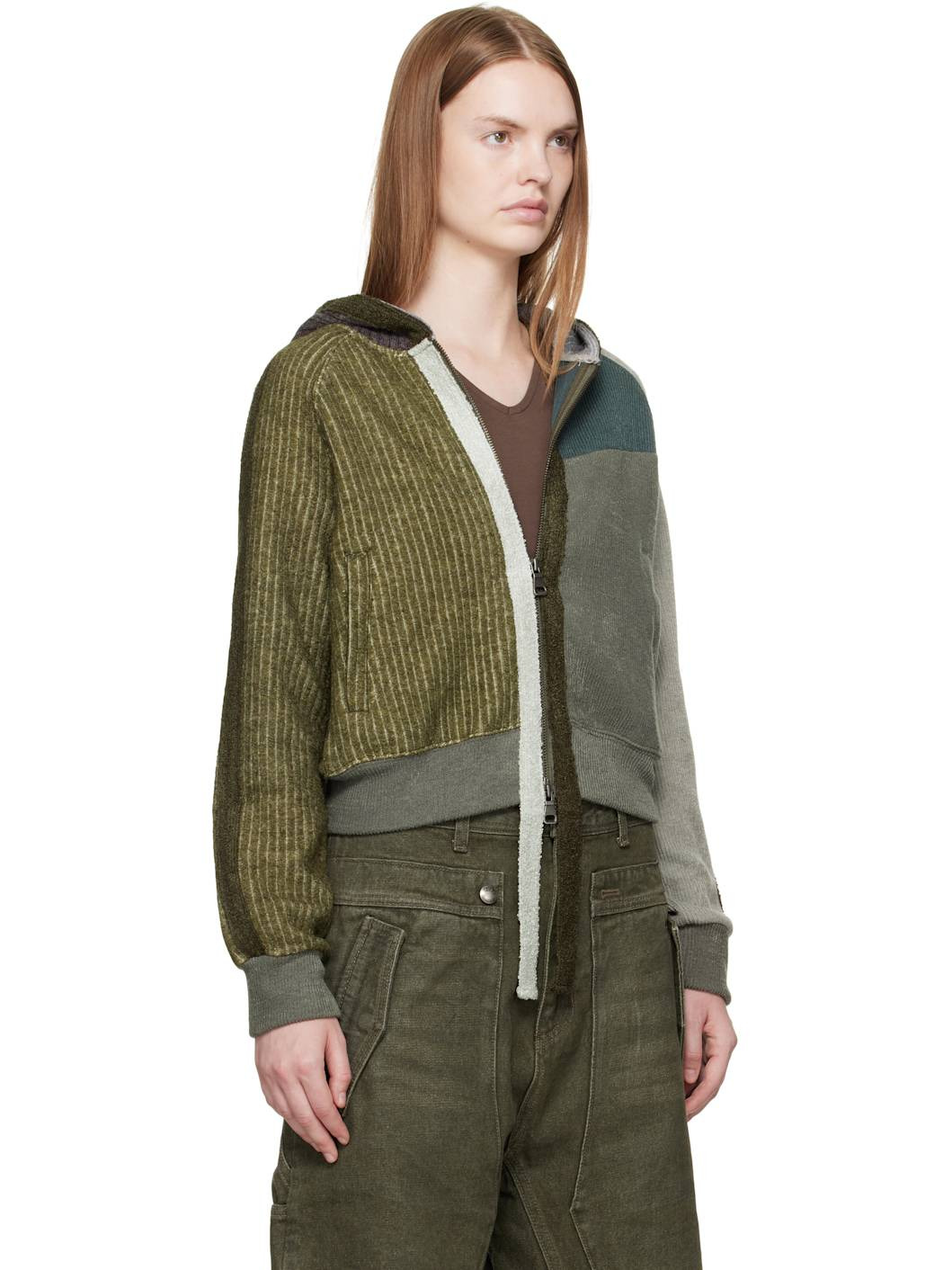 Green Color Blocked Knit Zip Hoodie - 2