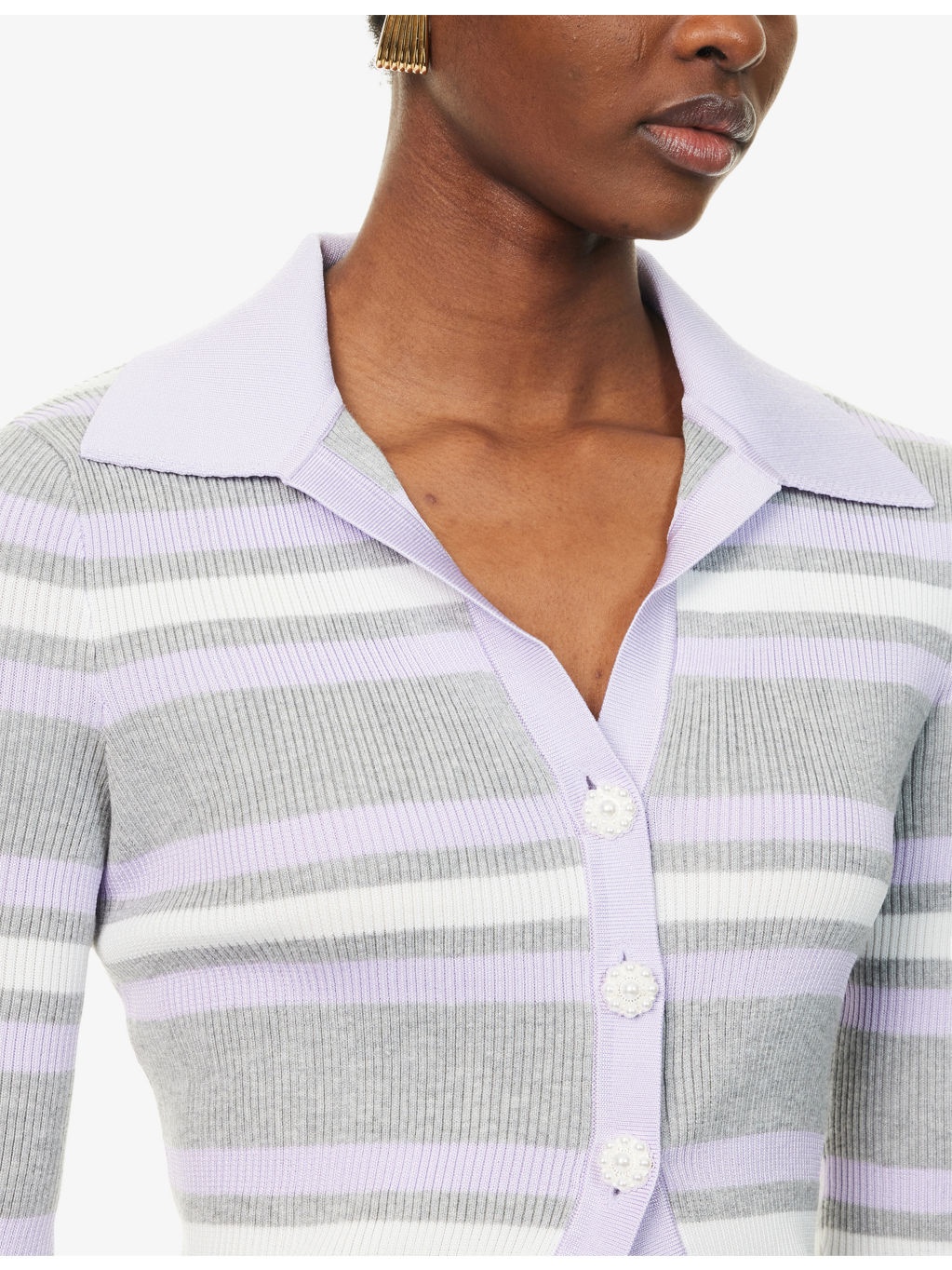 Striped V-Neck Knitted Top - 5