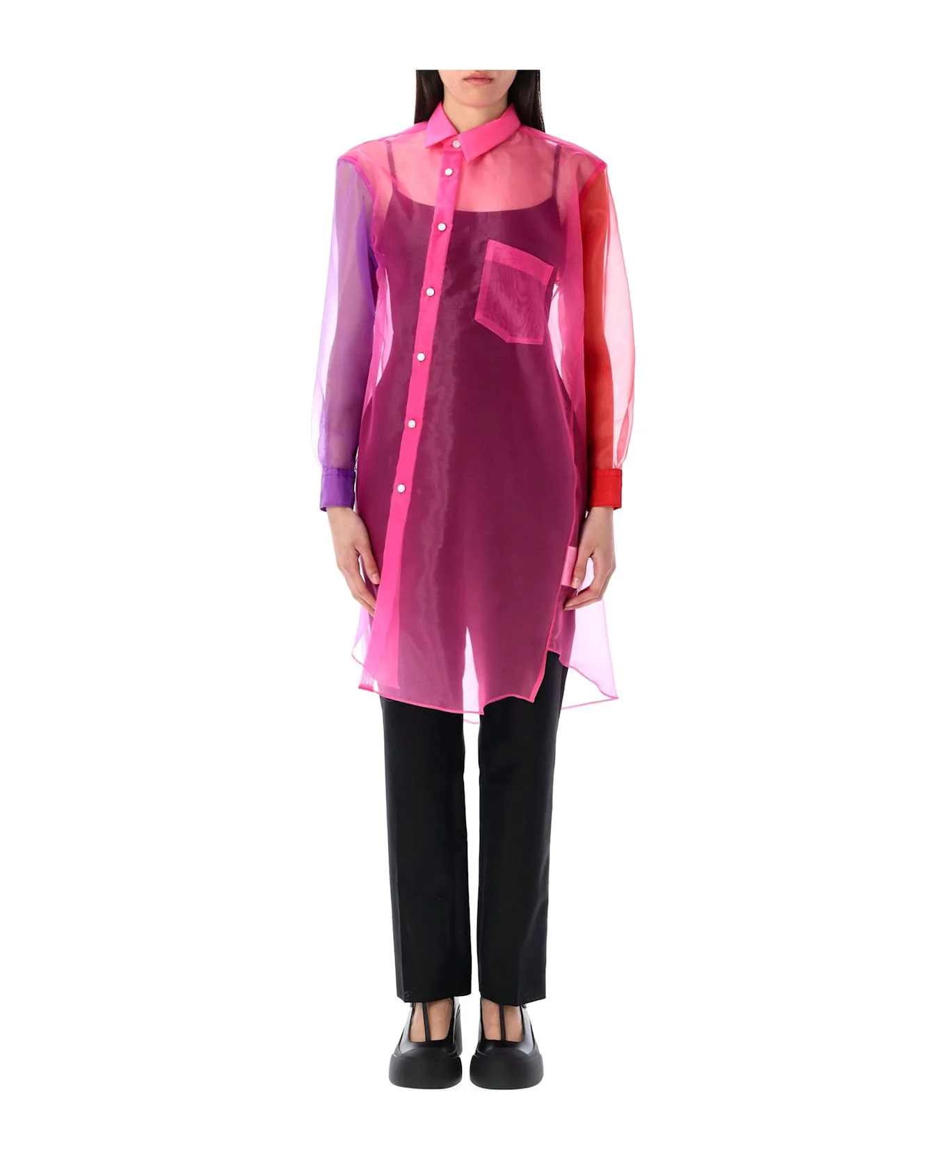 Asymmetric Color Block Organza Shirt - 1