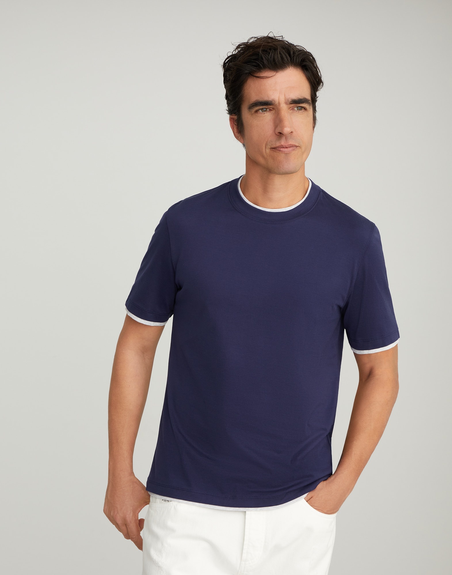 Cotton jersey crew neck T-shirt with faux-layering - 1