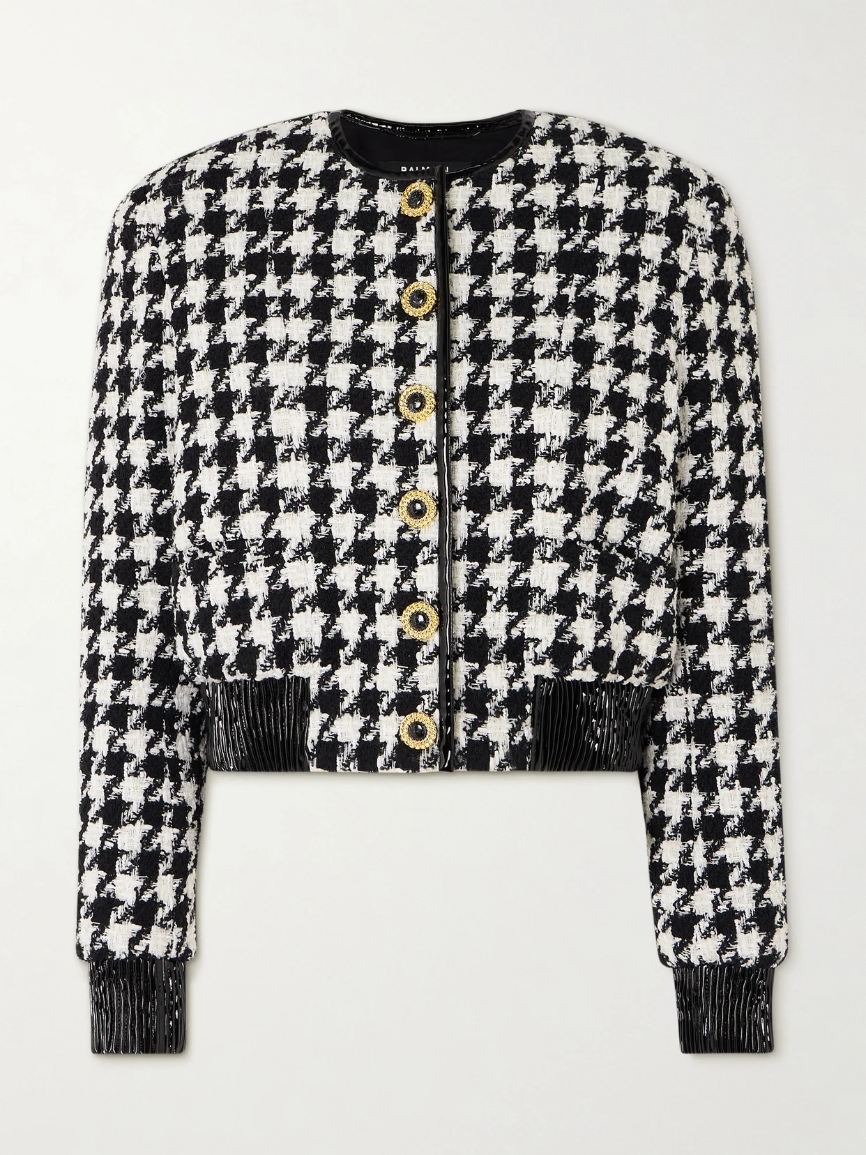 Button-embellished Faux Patent Leather-trimmed Houndstooth Tweed Jacket - 1