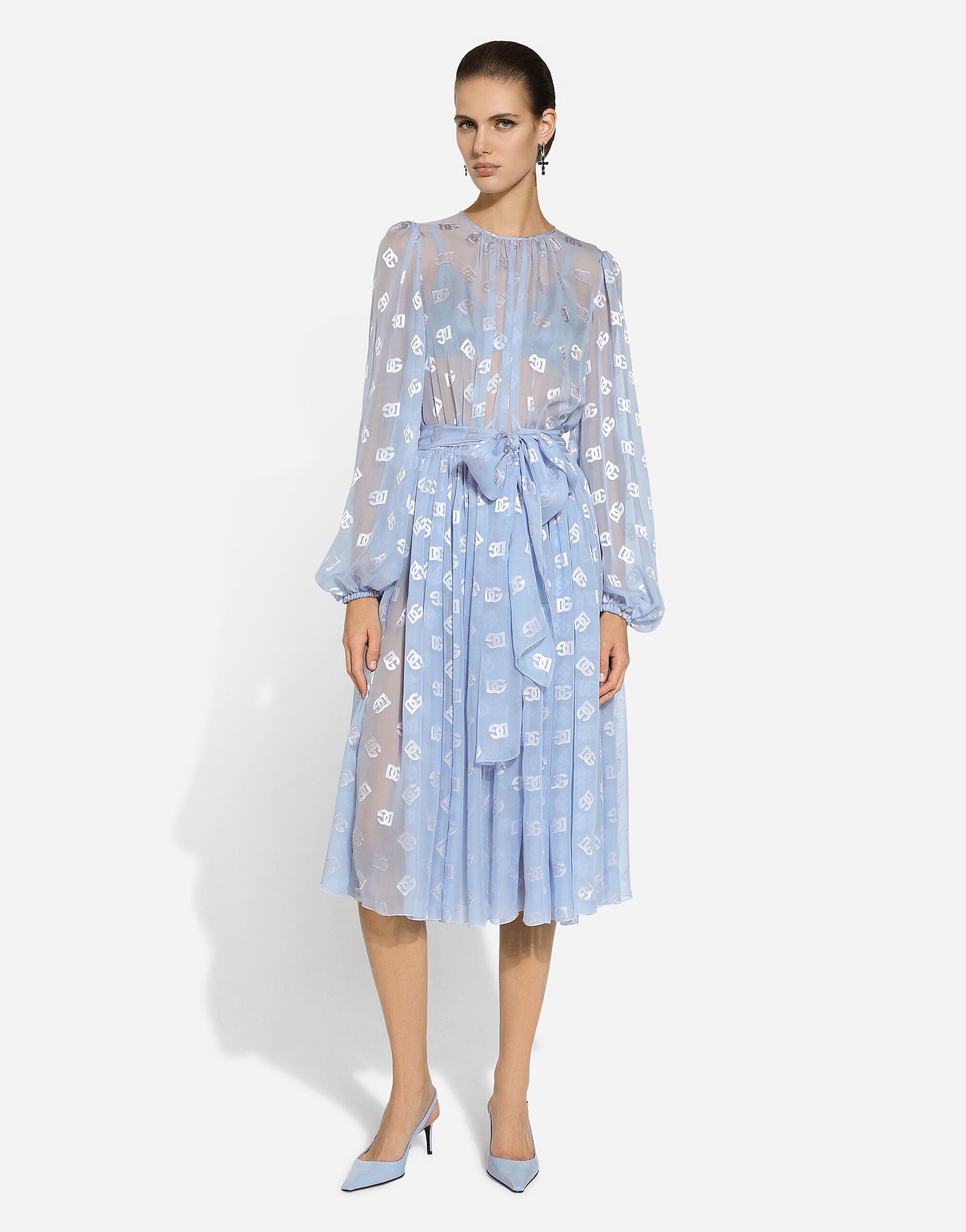Dévoré silk jacquard calf-length dress with DG logo - 5