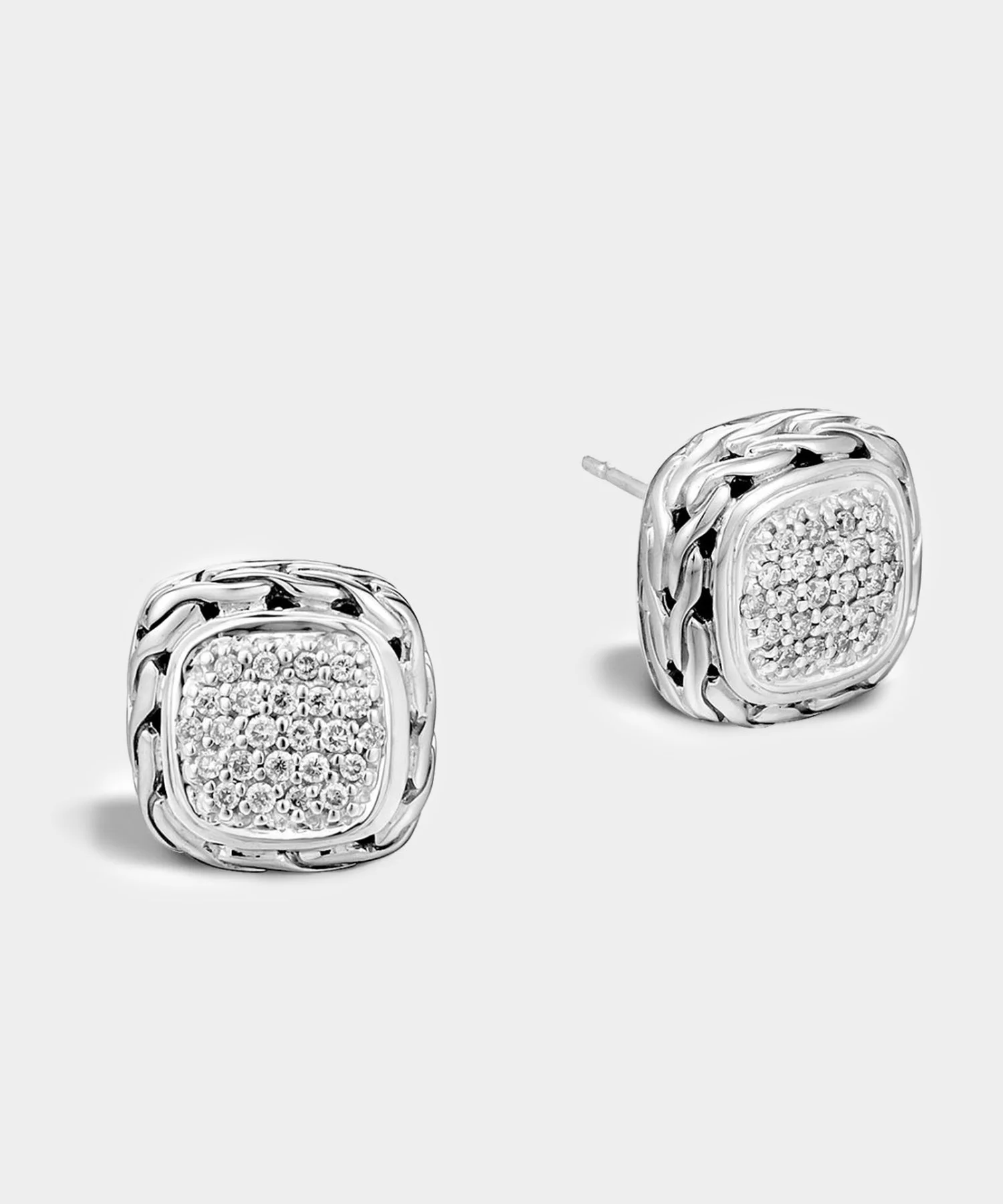 John Hardy Sterling Silver Carved Chain Stud Earring with Diamonds - 1