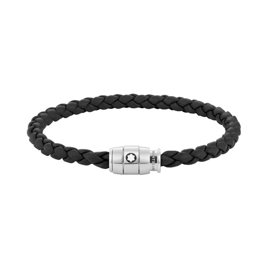 Montblanc Steel & Black Leather Bracelet, Size 60 - 1